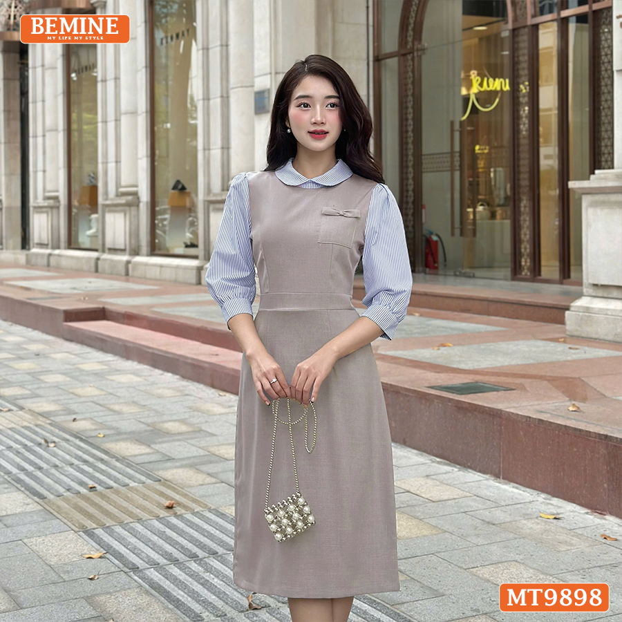 Mô tả Đầm thiết kế BEMINE cổ sen dáng bút chì tay dài phối sọc phù hợp đi làm, đi dạo phố-MT9898 - 2