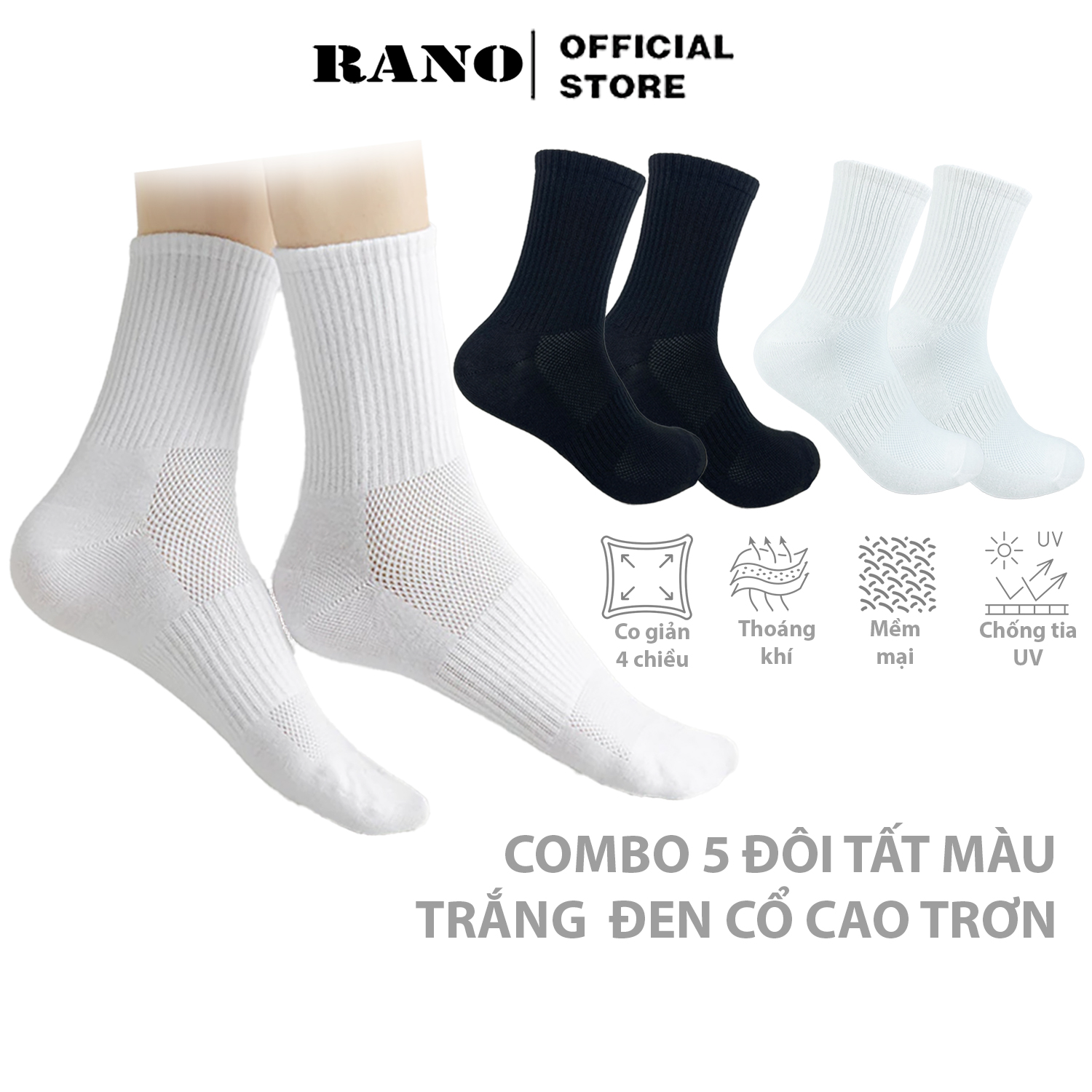 Mô tả Tất vớ nam nữ cổ cao trơn đen trắng Basic 20cm unisex RANO khử mùi hôi chân chất liệu dày dặn CB5_T - 1