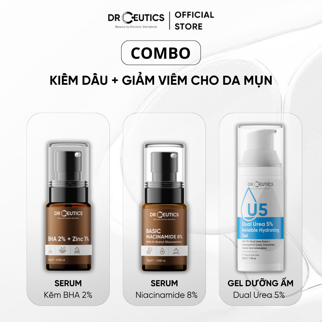 Mô tả Bộ Chăm Sóc Da Dầu, Mụn Viêm -BHA 2% + Zinc PCA 1% (30g) + Niacinamide 8% (30g) + Gel Dưỡng Ẩm Dual Urea 5% (50g) - 1