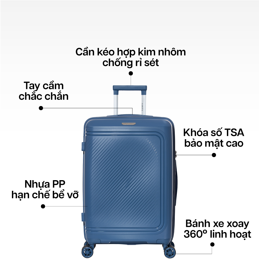 Mô tả Vali Kéo MIAvn Larita SOLY - Size 20/24/28, Nhựa PP Dẻo Siêu Bền, Hạn Chế Bể Vỡ, Bảo Hành Trọn Đời - 3