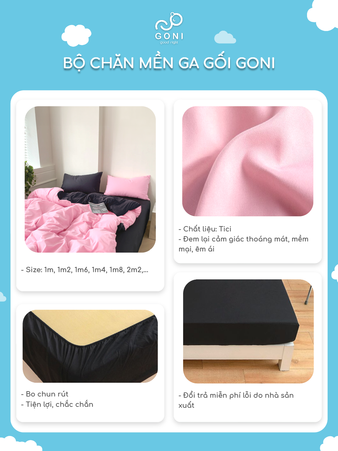Mô tả Bộ chăn mền ga gối GONI CHILL màu Black Pink Đen Hồng - Ga drap giường bo chun cao 4-25cm kích thước 1m,1m4,1m6,1m8, 2m2 - 5