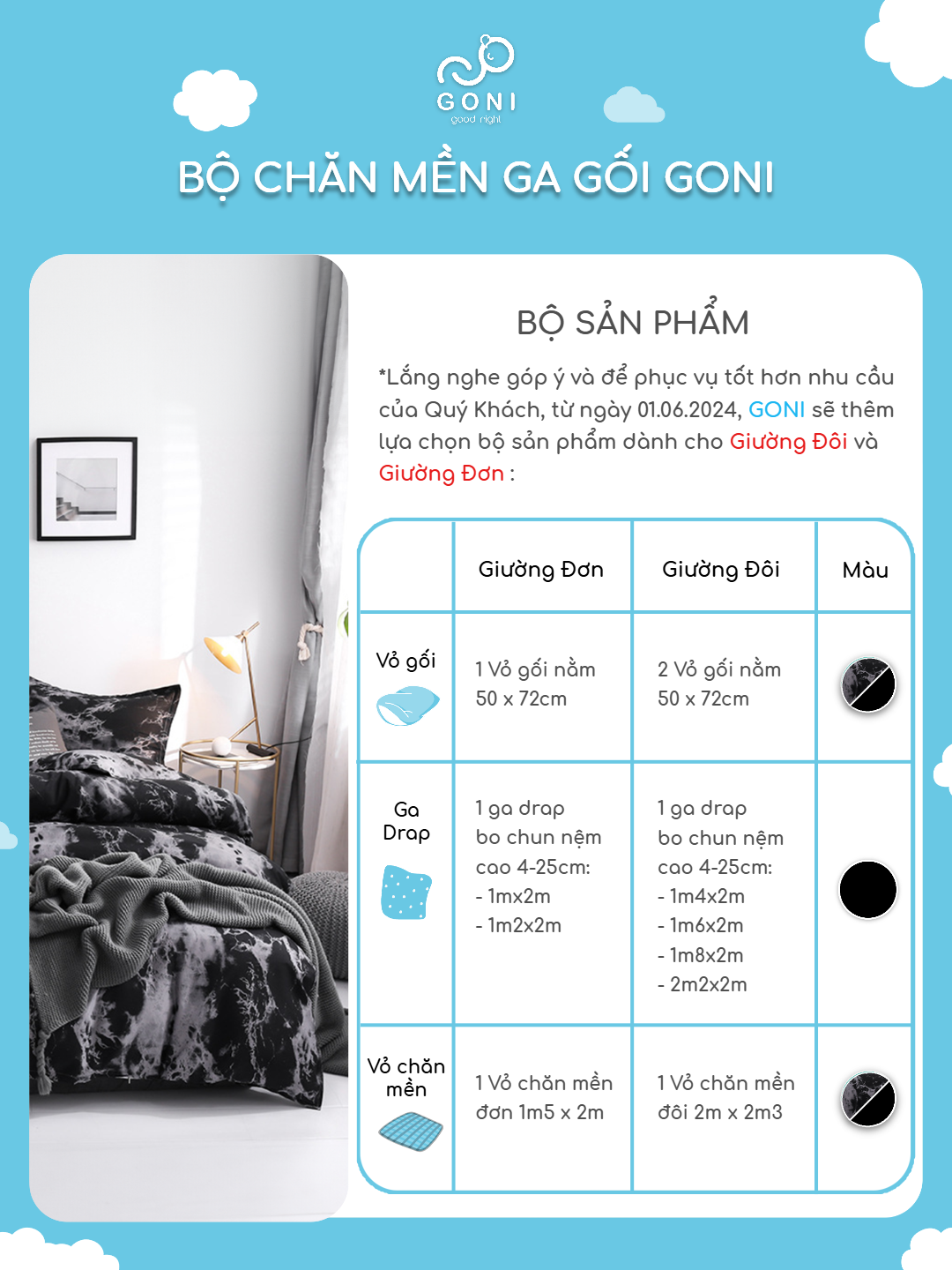 Mô tả Bộ chăn mền ga gối GONI CHILL họa tiết - Ga drap giường bo chun cao 4-25cm kích thước 1m, 1m2 ,1m4, 1m6, 1m8, 2m2 - 2