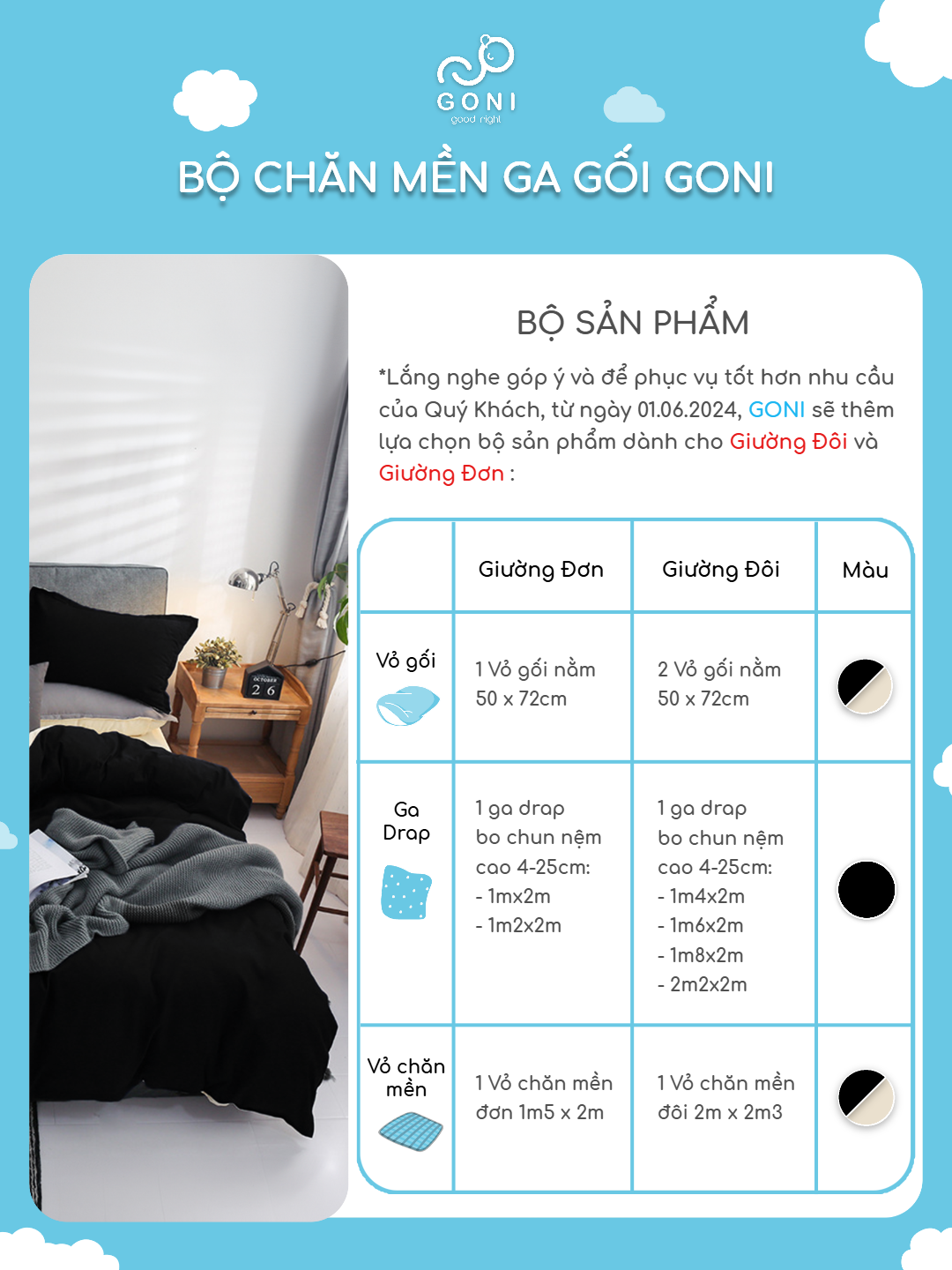 Mô tả Bộ chăn mền ga gối GONI CHILL màu Đen Sữa - Ga drap giường bo chun cao 4-25cm kích thước 1m, 1m2 ,1m4, 1m6, 1m8, 2m2 - 2