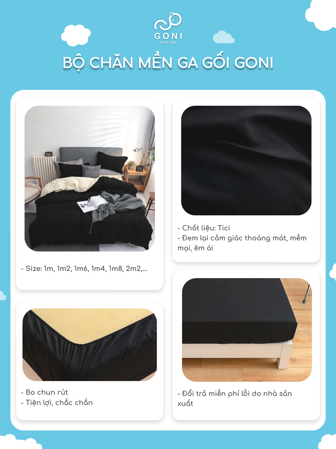 Mô tả Bộ chăn mền ga gối GONI CHILL màu Đen Sữa - Ga drap giường bo chun cao 4-25cm kích thước 1m, 1m2 ,1m4, 1m6, 1m8, 2m2 - 5