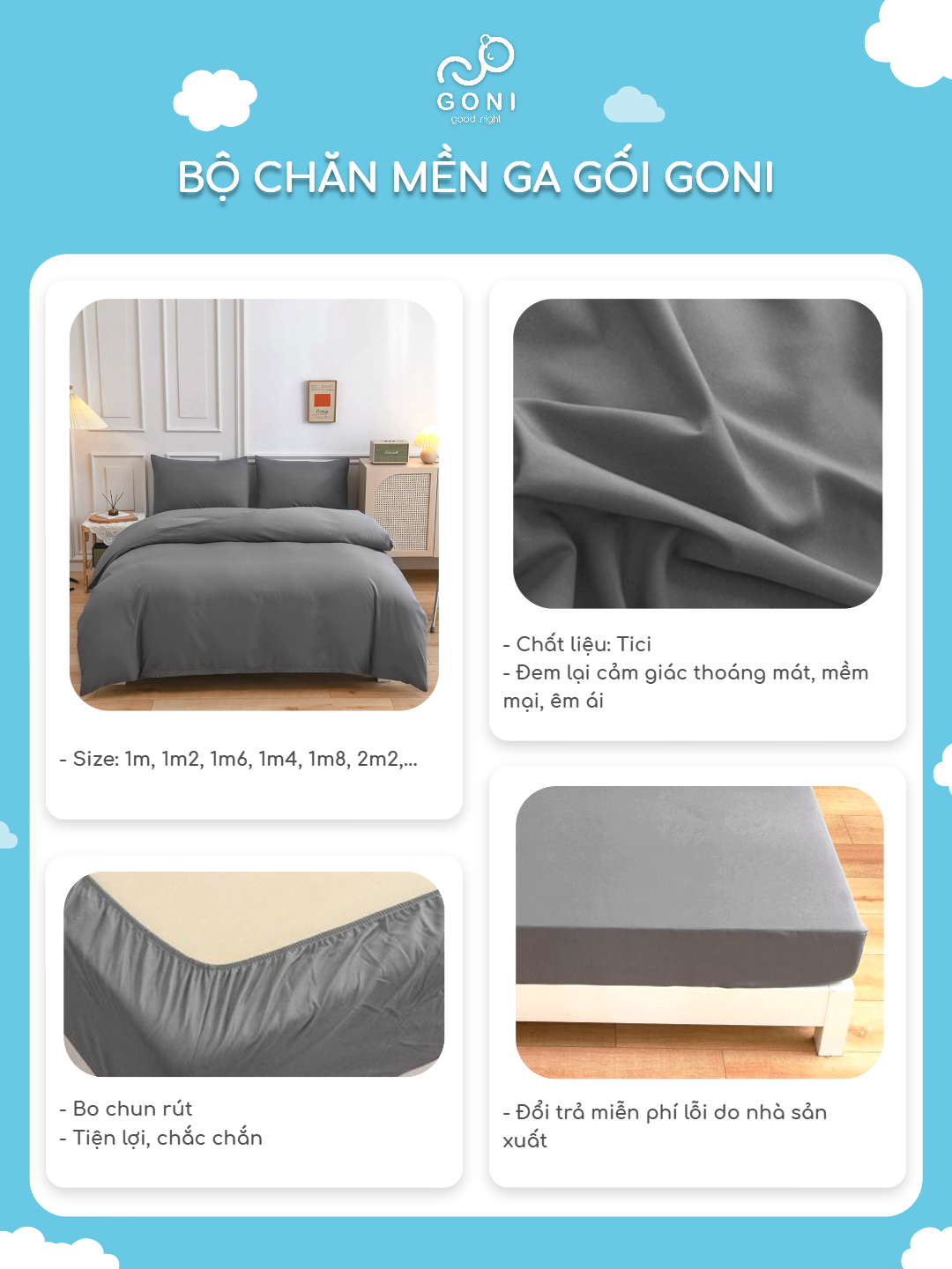 Mô tả Bộ chăn mền ga gối GONI CHILL màu Xám Trơn - Ga drap giường bo chun cao 4-25cm kích thước 1m, 1m2 ,1m4, 1m6, 1m8, 2m2 - 5