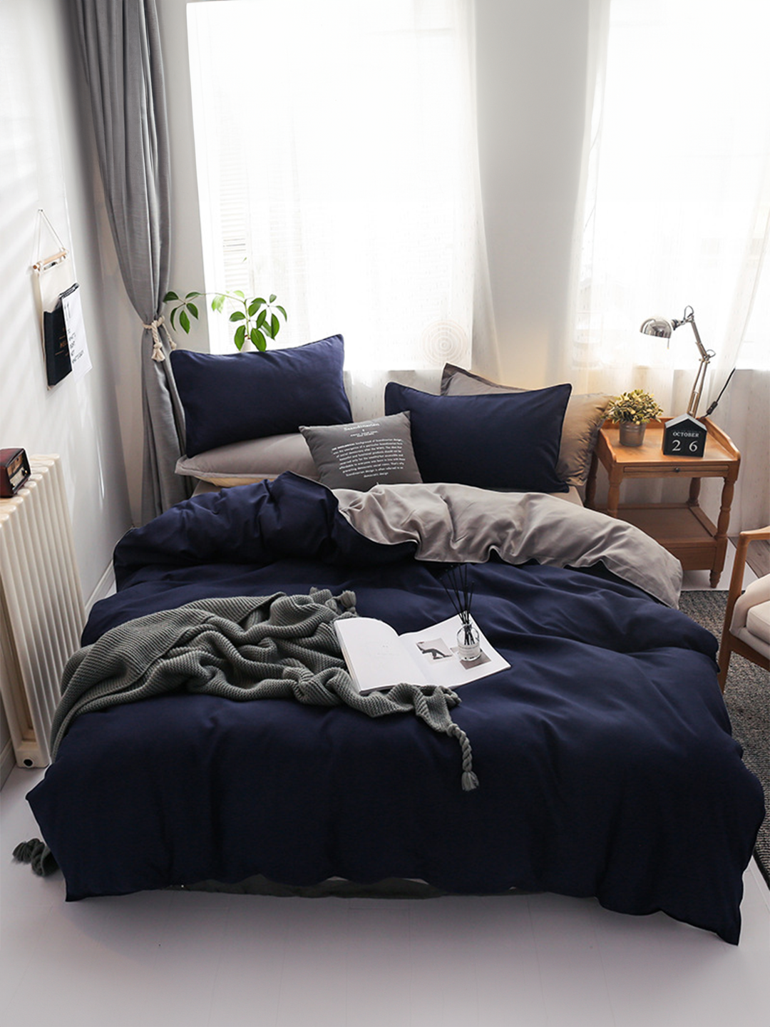 Mô tả Bộ chăn mền ga gối GONI CHILL màu Navy Xám - Ga drap giường bo chun cao 4-25cm kích thước 1m, 1m2,1m4, 1m6, 1m8, 2m2 - 1