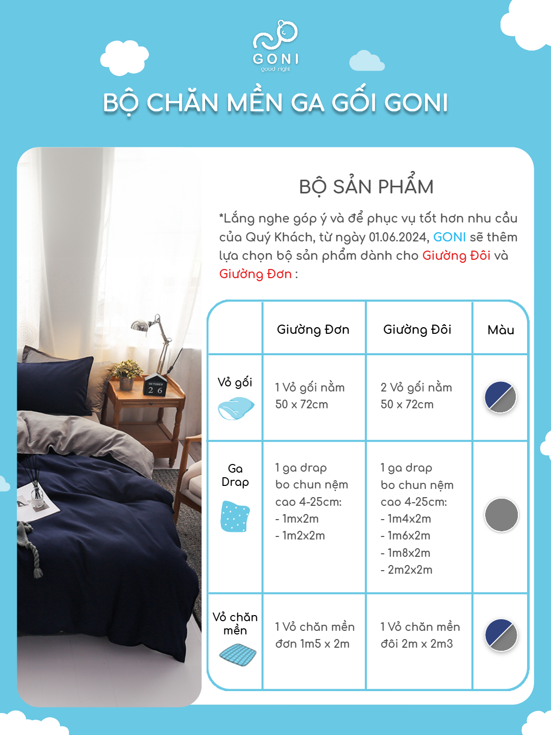 Mô tả Bộ chăn mền ga gối GONI CHILL màu Navy Xám - Ga drap giường bo chun cao 4-25cm kích thước 1m, 1m2,1m4, 1m6, 1m8, 2m2 - 2