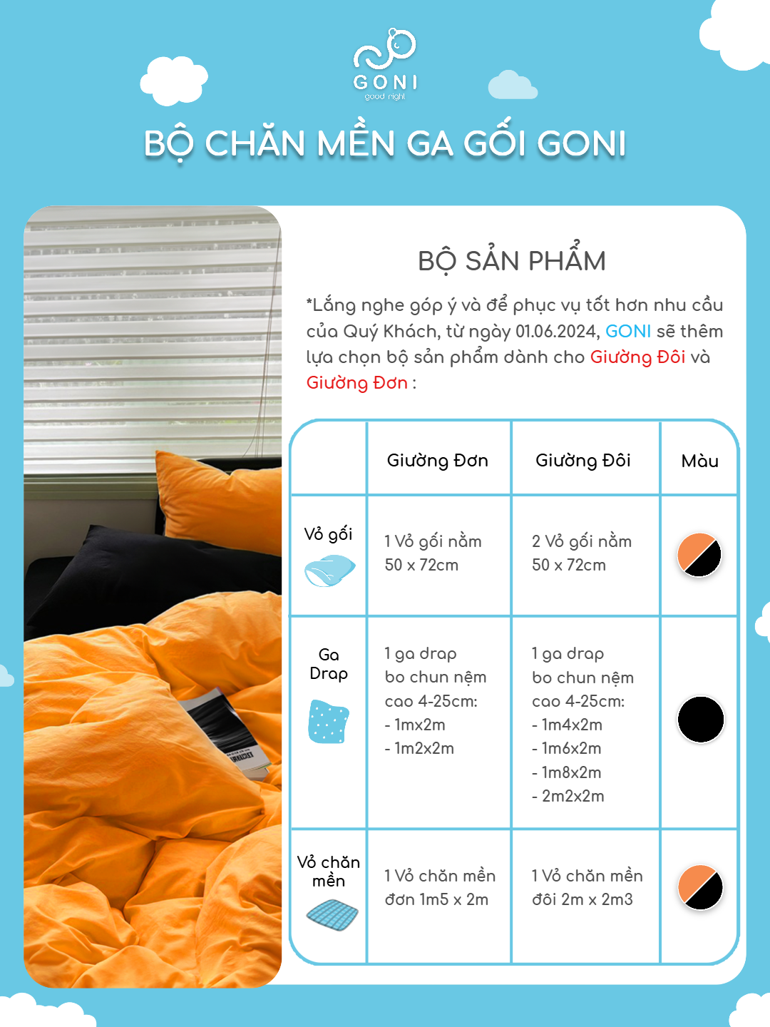Mô tả Bộ chăn mền ga gối GONI CHILL màu Cam Đen - Ga drap giường bo chun cao 4-25cm kích thước 1m, 1m2 ,1m4, 1m6, 1m8, 2m2 - 2