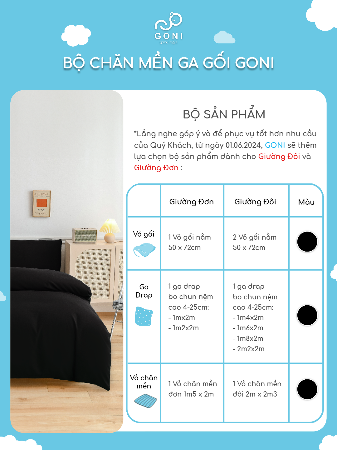 Mô tả Bộ chăn mền ga gối GONI CHILL màu Đen Trơn - Ga drap giường bo chun cao 4-25cm kích thước 1m, 1m2 ,1m4, 1m6, 1m8, 2m2 - 2
