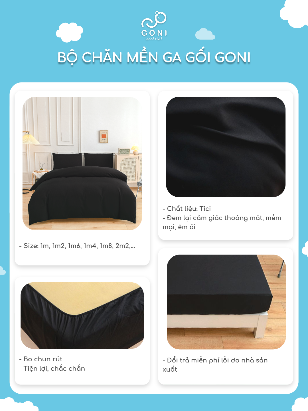 Mô tả Bộ chăn mền ga gối GONI CHILL màu Đen Trơn - Ga drap giường bo chun cao 4-25cm kích thước 1m, 1m2 ,1m4, 1m6, 1m8, 2m2 - 5