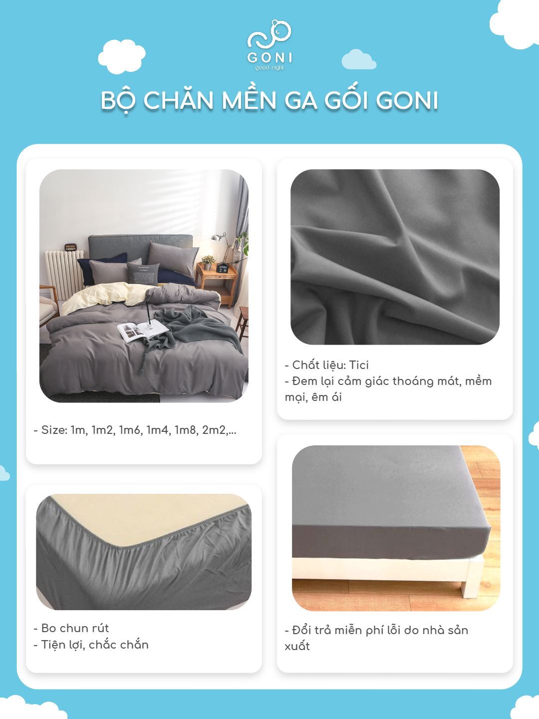 Mô tả Bộ chăn mền ga gối GONI CHILL màu Xám Sữa - Ga drap giường 1m, 1m2, 1m4, 1m6, 1m8, 2m2 - 5