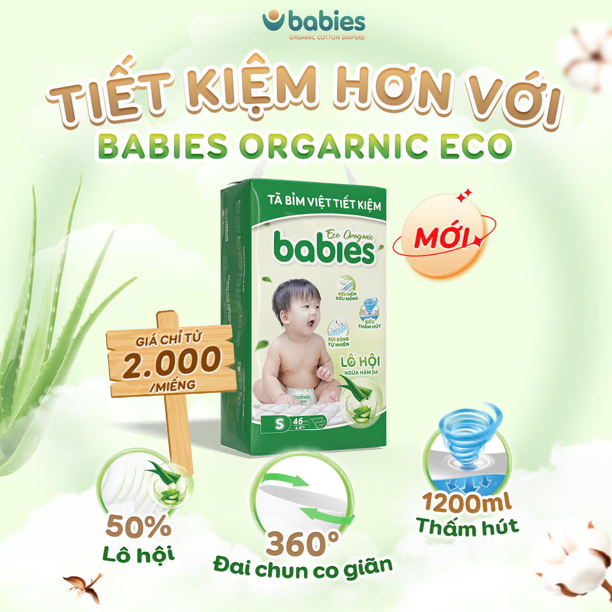 Mô tả Tã/Bỉm Babies Organic Siêu Mềm Mịn, 2mm Mỏng Thoáng, Lô Hội Ngừa Hăm Bí,Thương Hiệu Bỉm Việt - Size NB/S/M/L/XL/2XL/3XL - 1
