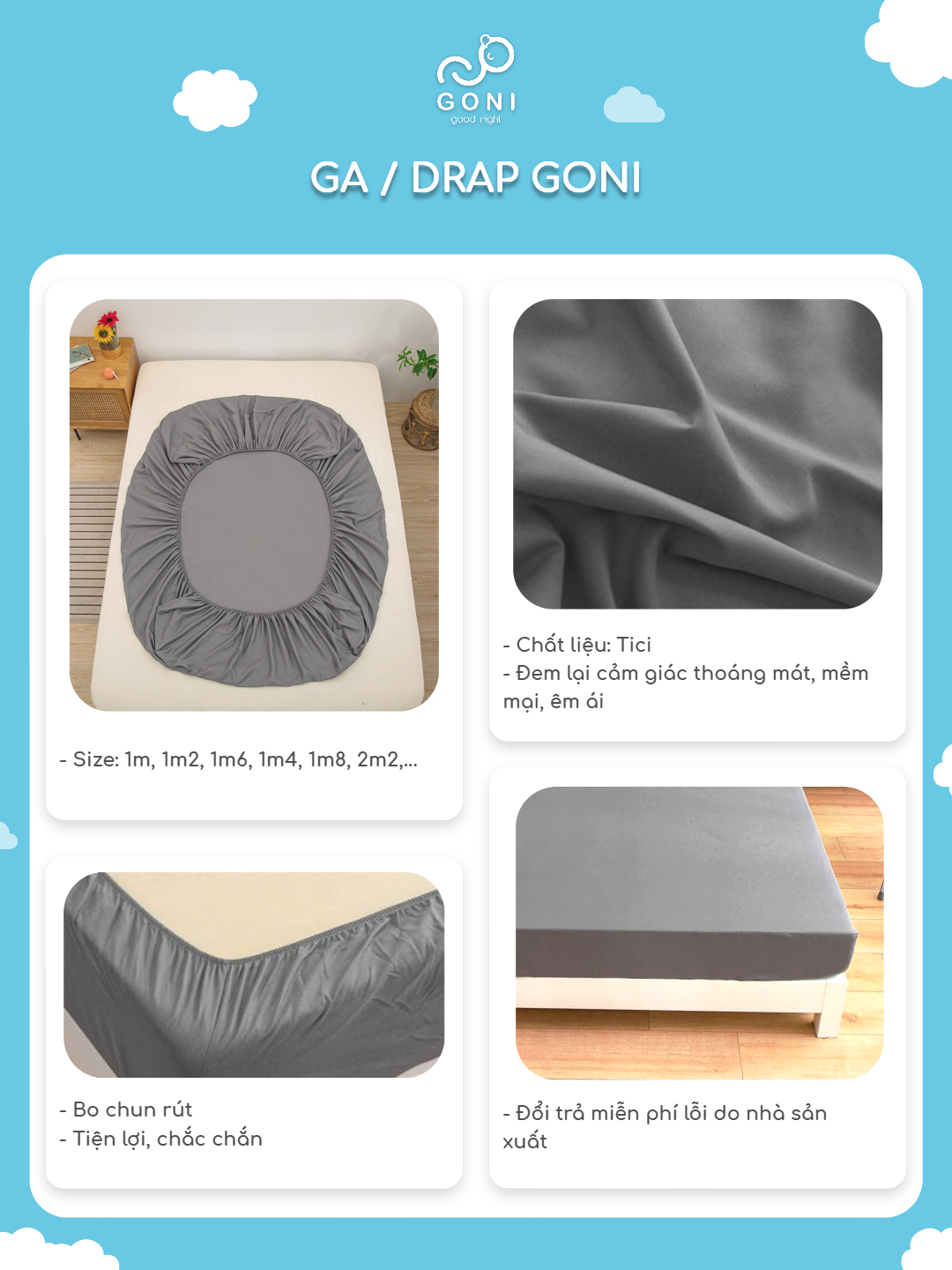 Mô tả Ga drap giường GONI bo chun cho nệm cao 4-25cm, Kích thước 1m x 2m, 1m2 x 2m, 1m4 x 2m, 1m6 x 2m, 1m8 x 2m, 2m2 x 2m - 7