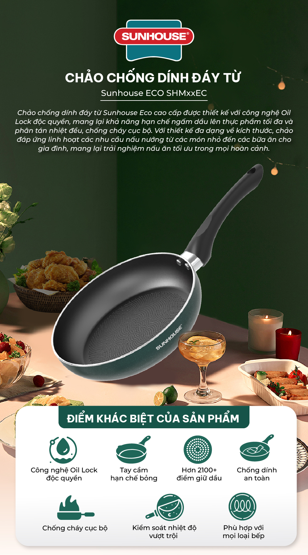 Mô tả Chảo chống dính đáy từ SUNHOUSE Ecom SHMxxEC công nghệ Oil-lock Bảo hành 3 tháng - 1