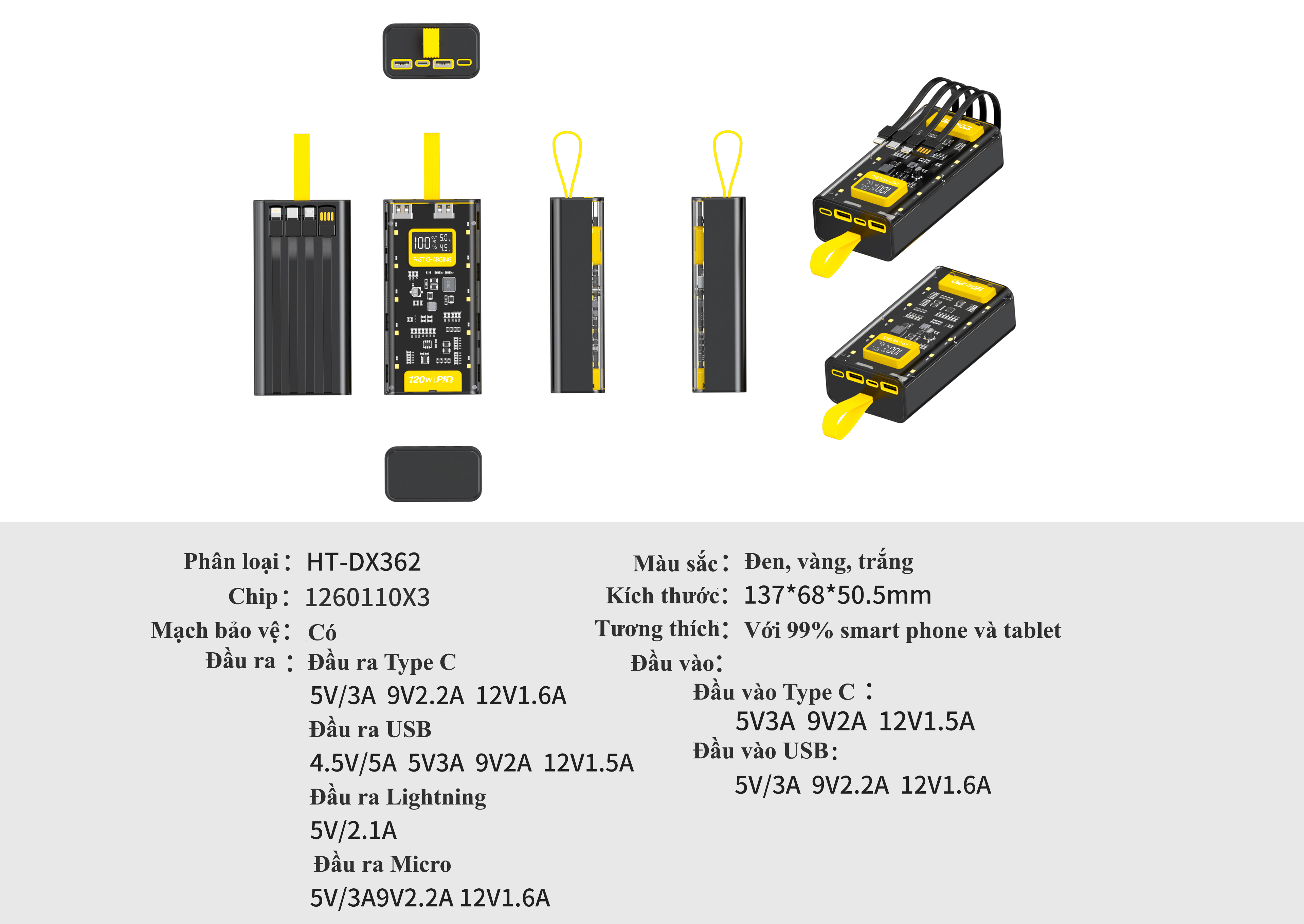 Mô tả Pin Sạc Dự Phòng 30000 50000MAH sạc nhanh PD120W/20W trong suốt tích hợp 4 dây sạc tích hợp đèn led chiếu sáng - 3