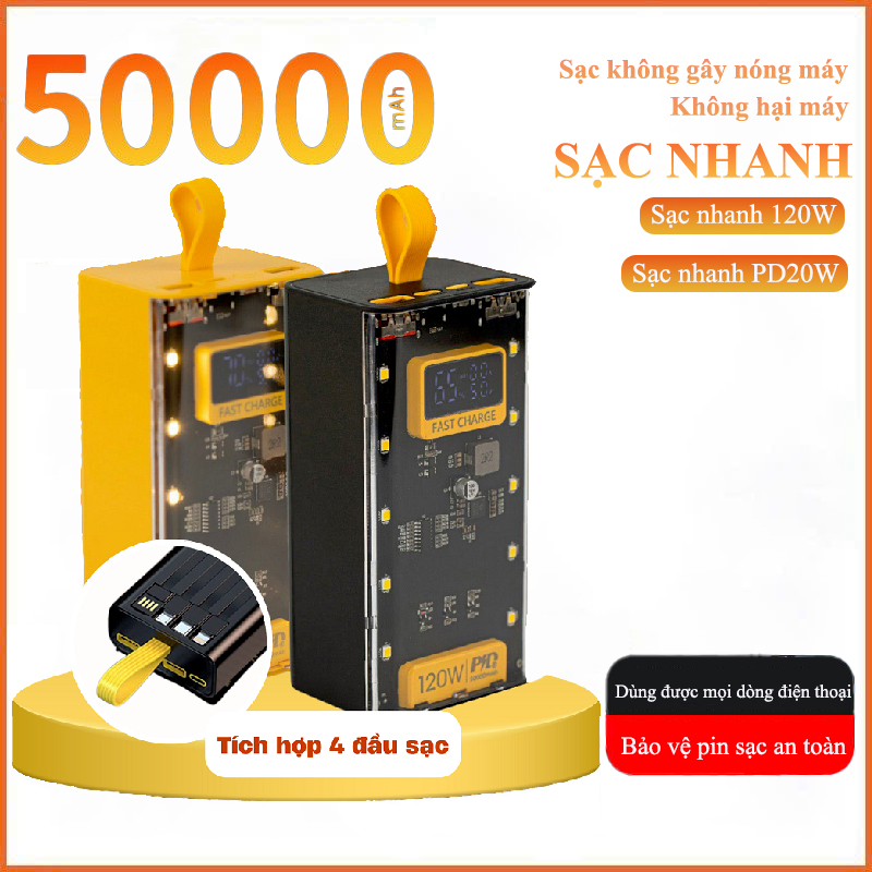 Mô tả Pin Sạc Dự Phòng 30000 50000MAH sạc nhanh PD120W/20W trong suốt tích hợp 4 dây sạc tích hợp đèn led chiếu sáng - 1