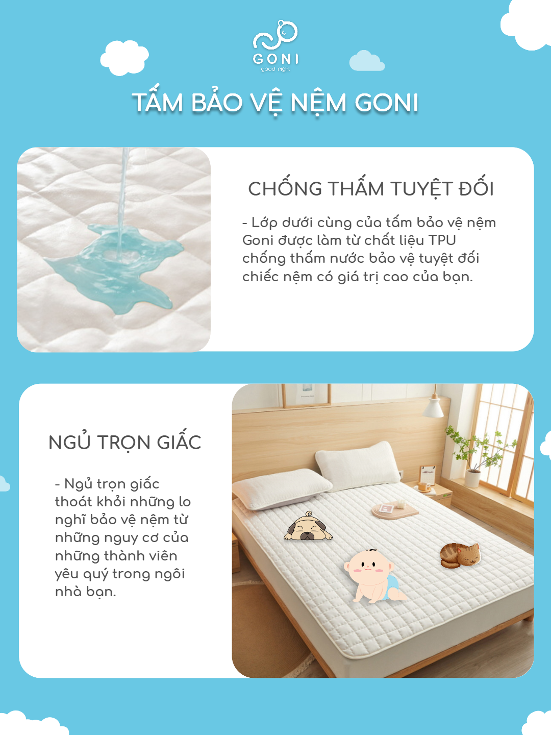 Mô tả Tấm bảo vệ nệm Goni chống thấm, kích thước 1m x 2m, 1m2 x 2m, 1m4 x 2m, 1m6x 2m, 1m8 x 2m, 2m2 x 2m - 5