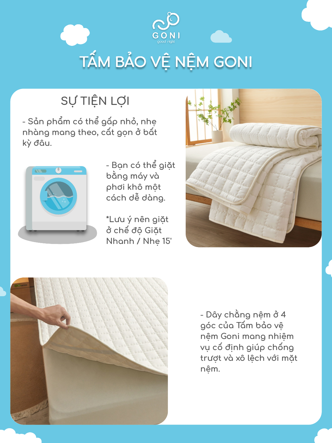 Mô tả Tấm bảo vệ nệm Goni chống thấm, kích thước 1m x 2m, 1m2 x 2m, 1m4 x 2m, 1m6x 2m, 1m8 x 2m, 2m2 x 2m - 6