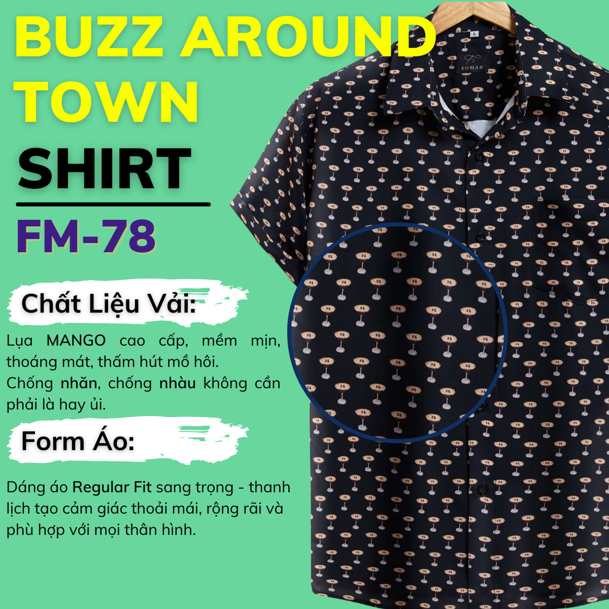Mô tả Áo sơ mi tay ngắn Nam FOMAN Hoạ tiết THE BUZZ AROUND TOWN vải Lụa Mango Cao cấp thoáng mát, mềm mịn - 1