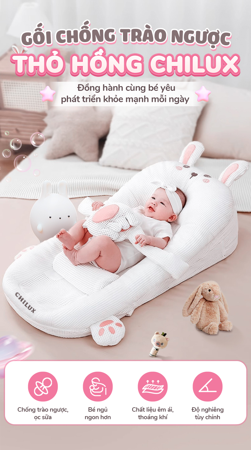 Mô tả Gối chống trào ngược thỏ hồng Chilux - Thiết kế 3 nấc nghiêng tùy chỉnh, gối định hình - 1