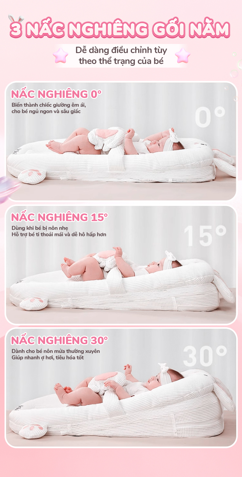 Mô tả Gối chống trào ngược thỏ hồng Chilux - Thiết kế 3 nấc nghiêng tùy chỉnh, gối định hình - 4
