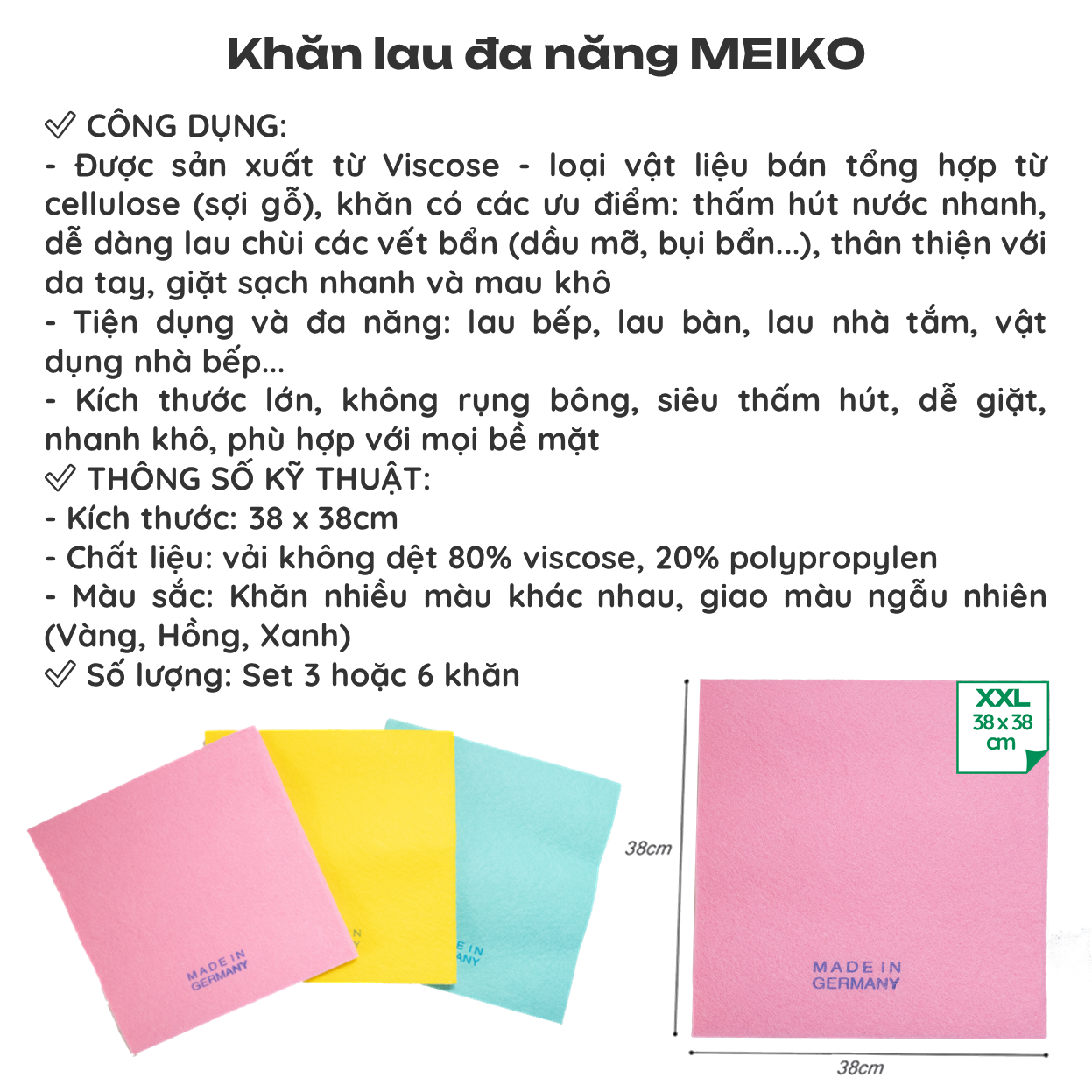 Mô tả Khăn Lau Đa Năng MEIKO ĐỨC 38x38cm Khăn Lau Bếp Cỡ Lớn, Siêu Thấm Hút Nước, Mềm Mịn, Khăn Lau Kính, Khăn Lau Ô Tô - 4