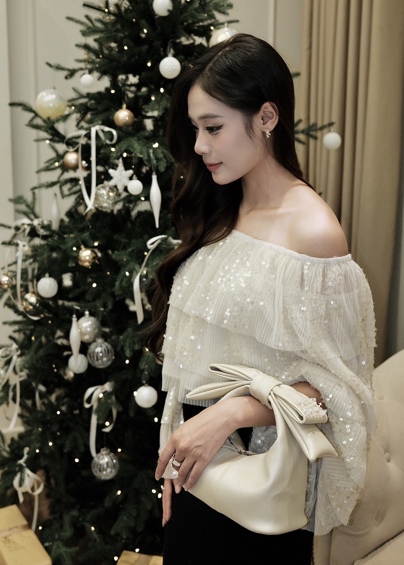 Túi nữ chow bag HÉRISSON màu kem nhũ kèm nơ tháo rời | Shopee Việt Nam