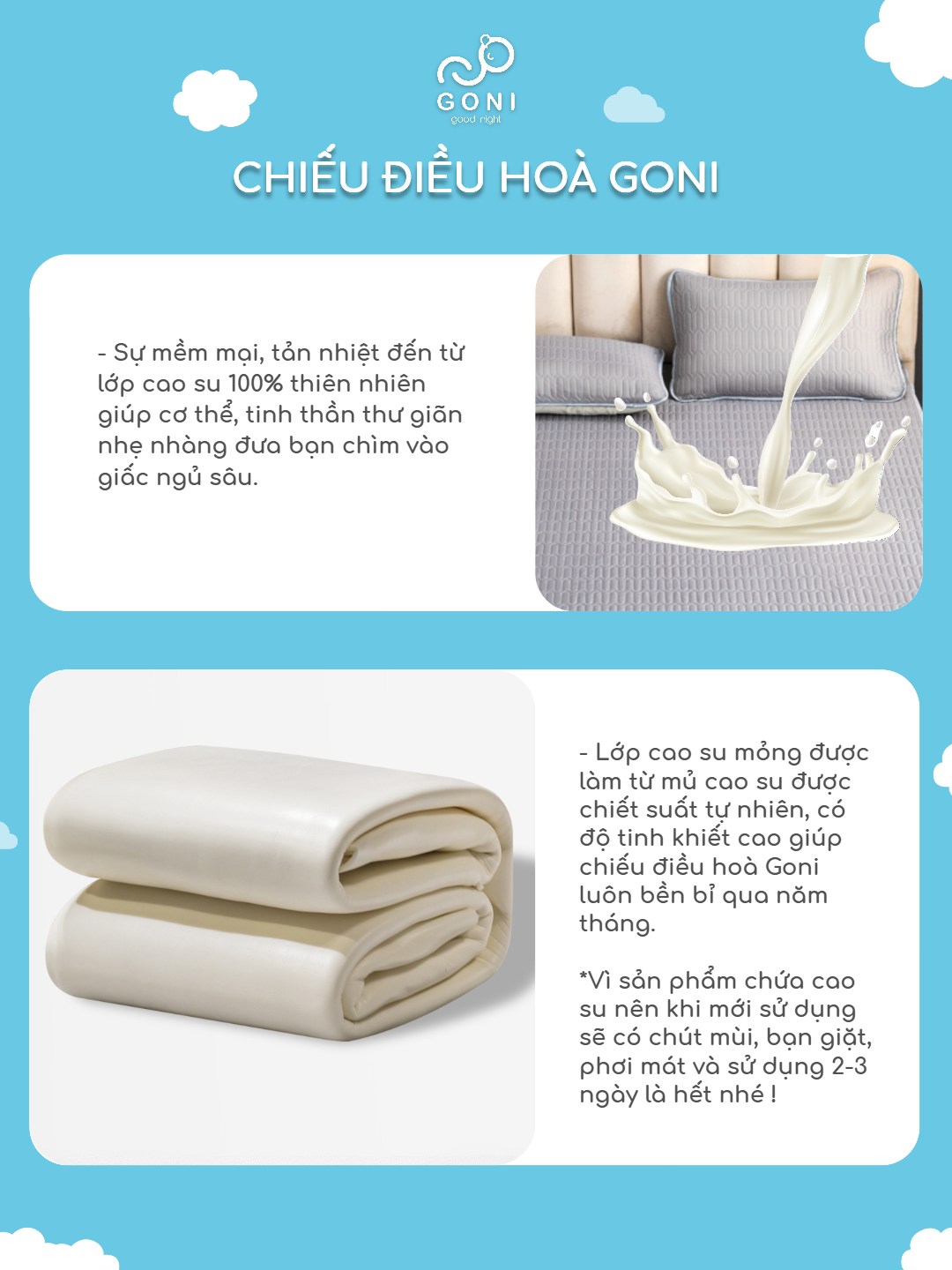 Mô tả Chiếu điều hoà Goni vải lụa lõi cao su làm mát tự nhiên kèm vỏ gối 1m x 2m, 1m2 x 2m, 1m4 x 2m, 1m6, 1m8 x 2m, 2m2 x 2m - 5