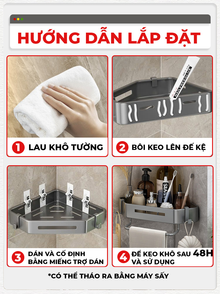 Mô tả Kệ góc nhà tắm Enomax dán tường, để đồ đa năng tiện lợi, chất liệu Thép Carbon cao cấp, chống gỉ sét - 8