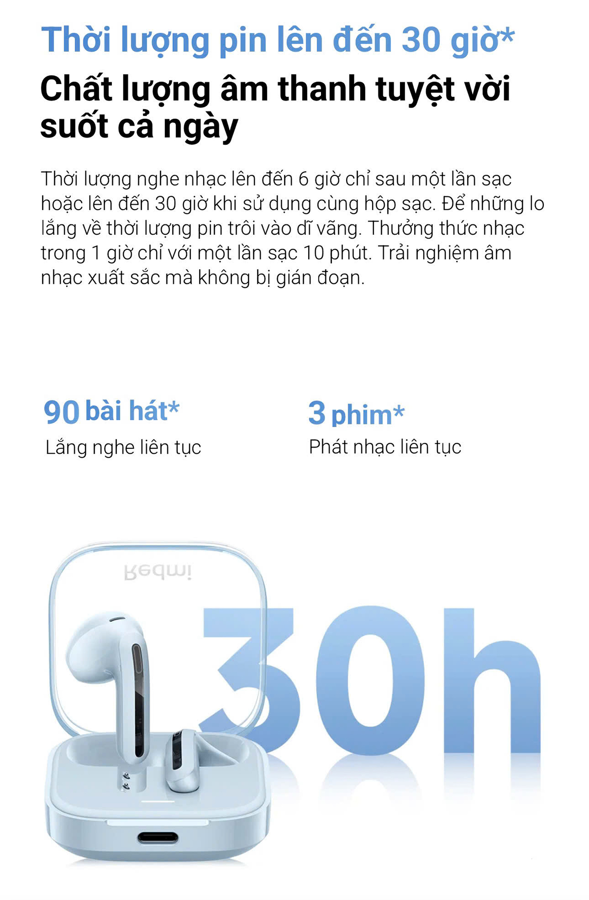 Mô tả Tai nghe Redmi Buds 6 Active BHR8391GL/BHR8396GL - Thời lượng pin lên đến 30 giờ - 5