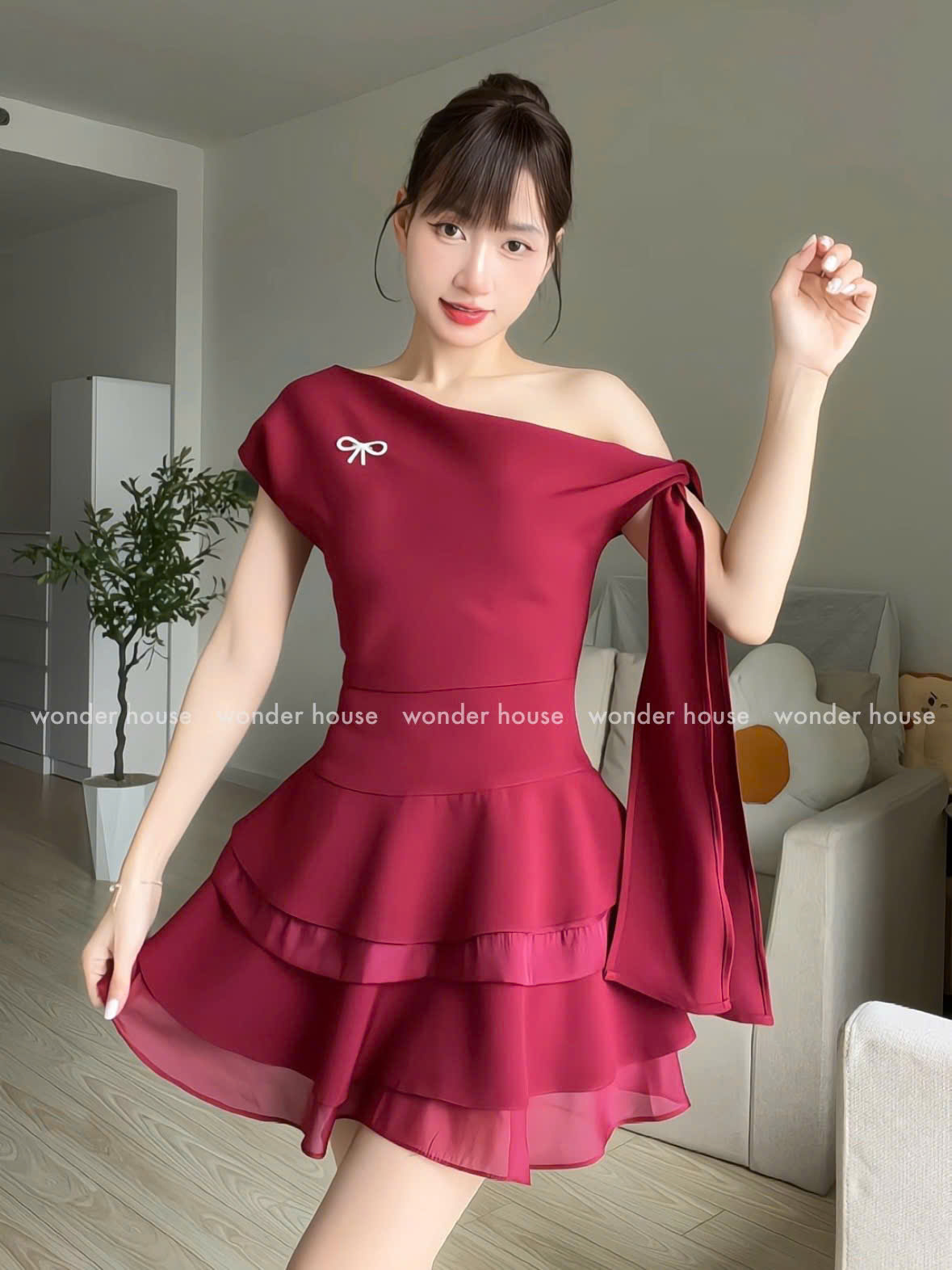 Mô tả Lucie Dress Wonderhouse Đầm xéo vai cột nơ dáng xòe chất vải dày vừa phải dự tiệc, dạo phố sang trọng - 6