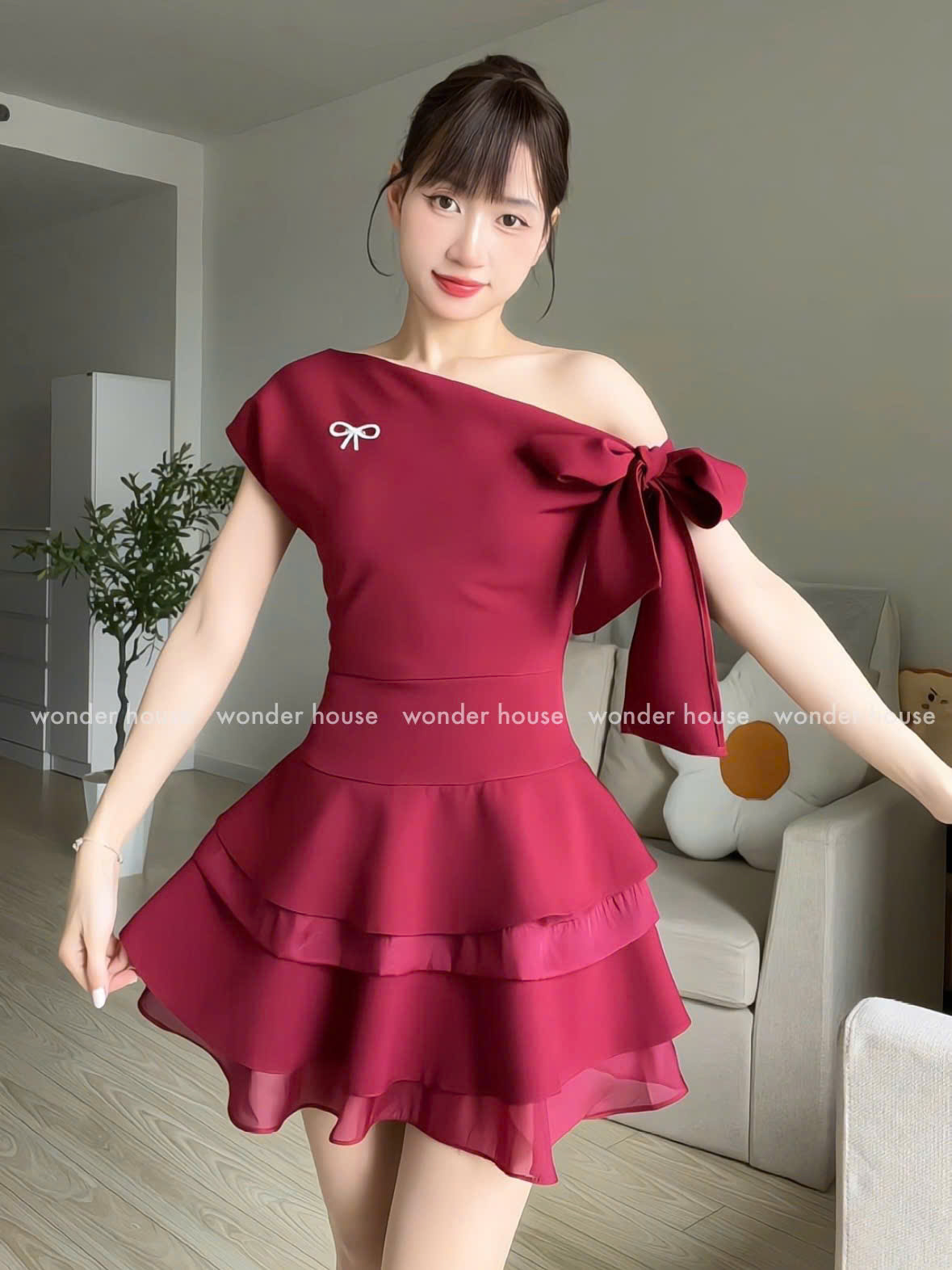 Mô tả Lucie Dress Wonderhouse Đầm xéo vai cột nơ dáng xòe chất vải dày vừa phải dự tiệc, dạo phố sang trọng - 7