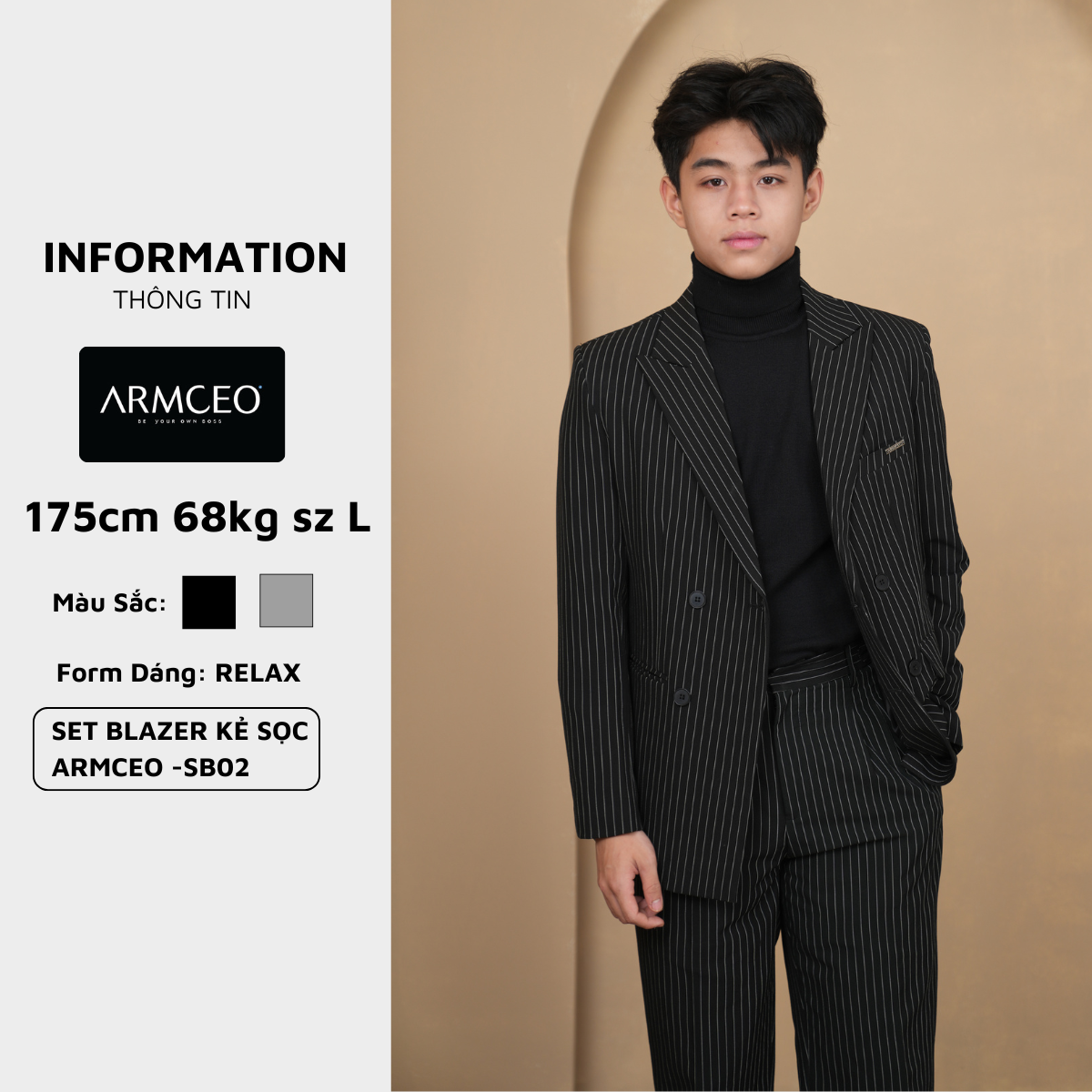 Mô tả COMBO quần áo blazer kẻ sọc quần suông kẻ sọc ARMCEO dáng suông rộng hack dáng che khuyết điểm siêu tốt -SB02 - 1