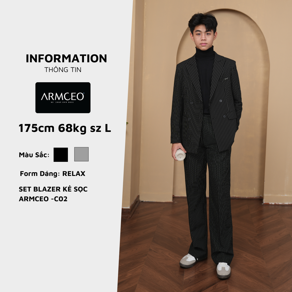 Mô tả COMBO quần áo blazer kẻ sọc quần suông kẻ sọc ARMCEO dáng suông rộng hack dáng che khuyết điểm siêu tốt -SB02 - 4
