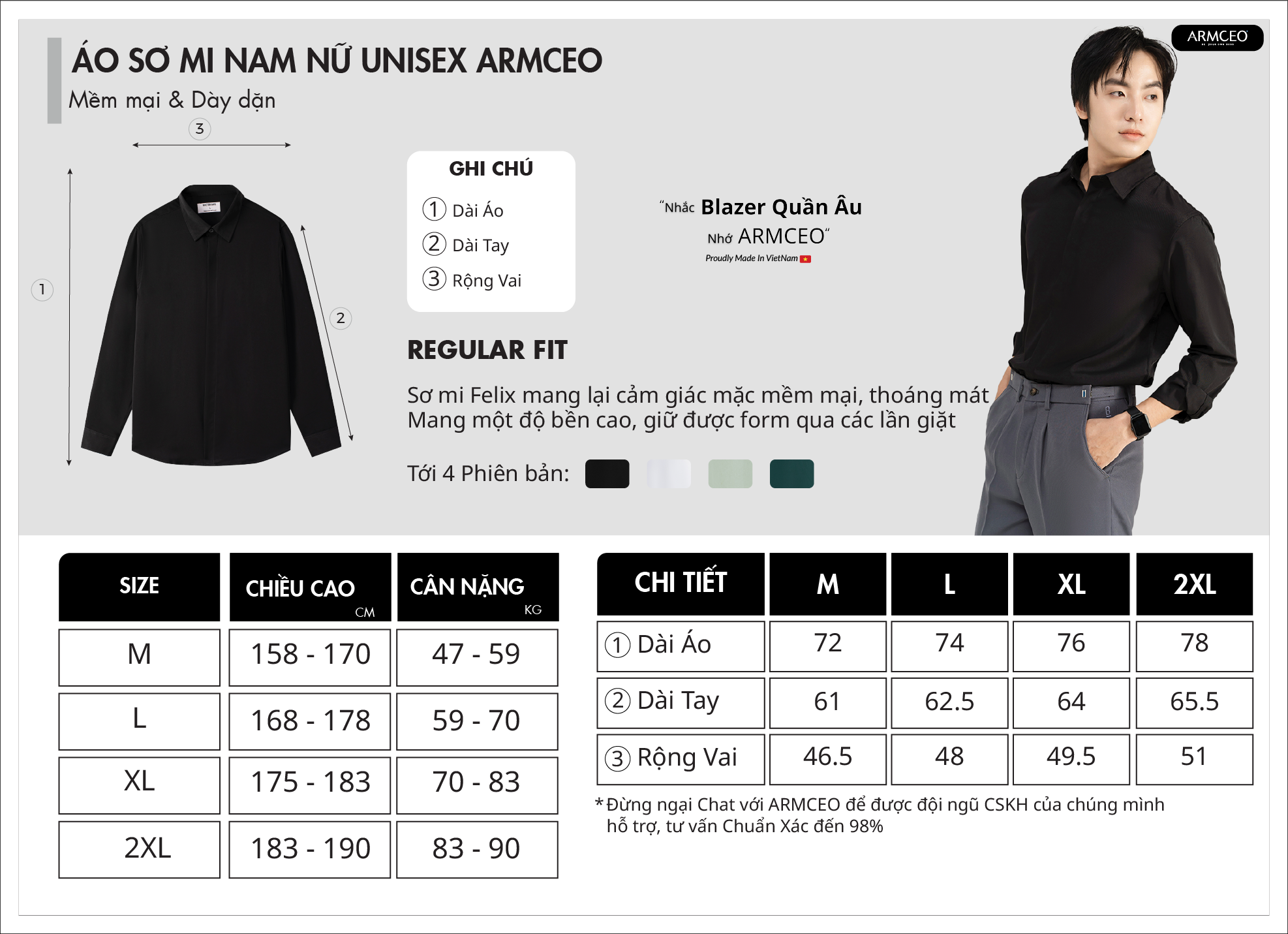 Mô tả Áo sơ mi nam nữ unisex Baeton form rộng Hàn Quốc Felix tay dài vải chéo hàn dày dặn mềm mịn - S01 - 4
