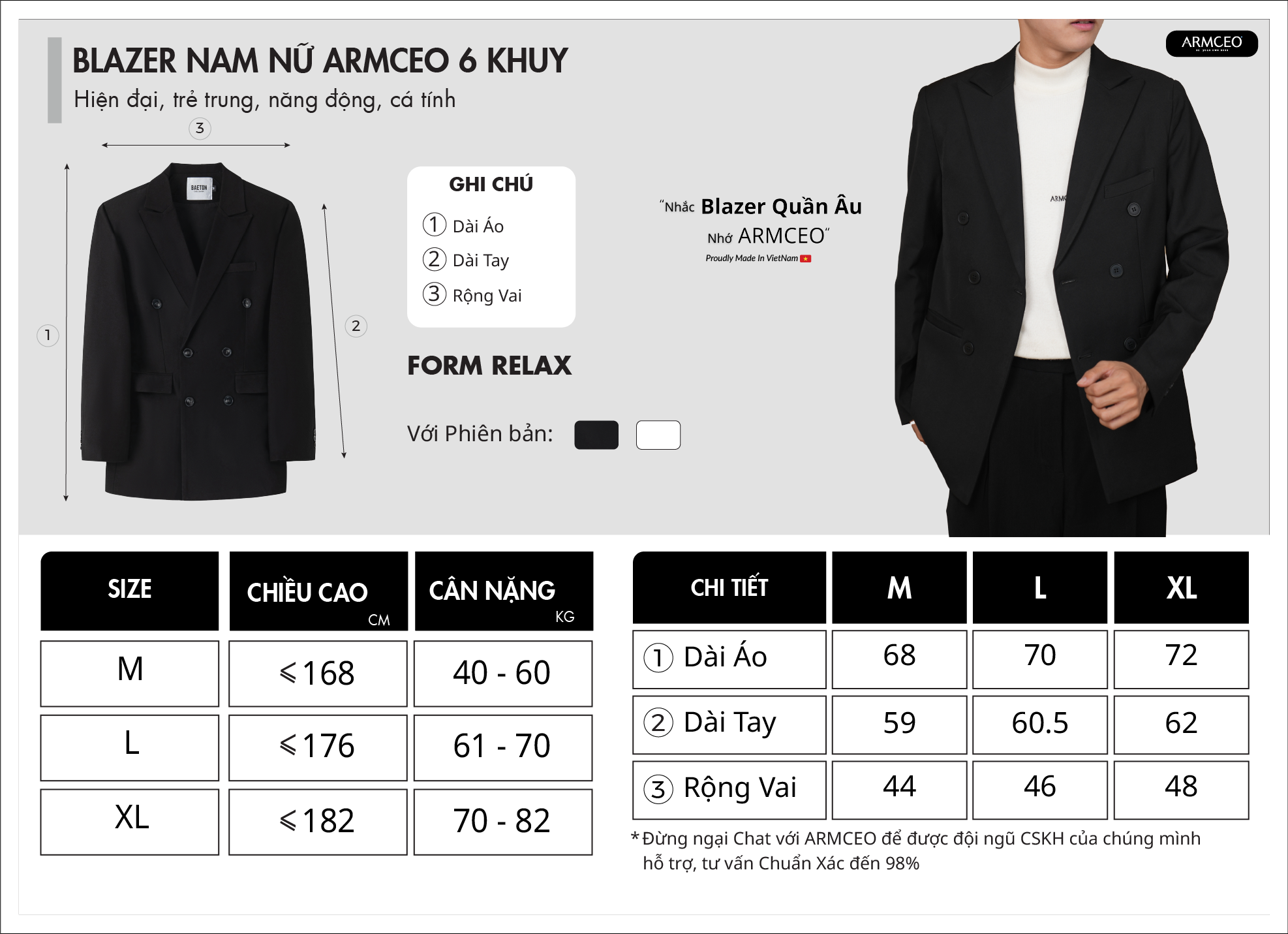 Mô tả Áo blazer nam nữ ARMCEO 6 khuy form dáng chuẩn Hàn Quốc vải cotton hàn -B03 - 1