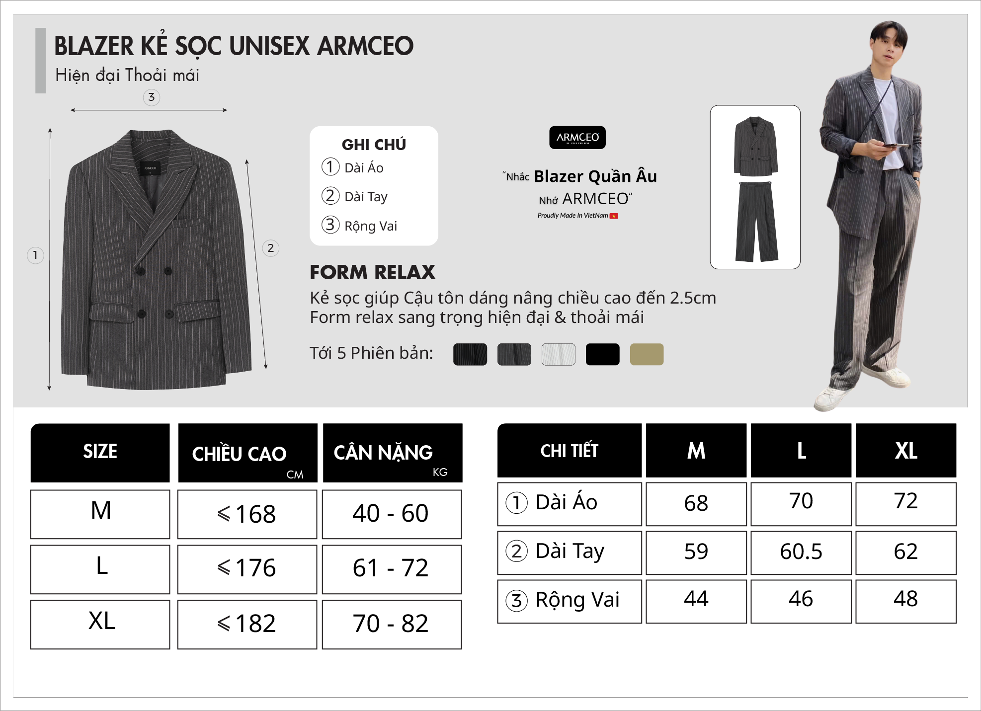 Mô tả Áo blazer nam nữ kẻ sọc unisex ARMCEO mới nhất chất liệu cotton spandex đứng form -ARK02 - 1