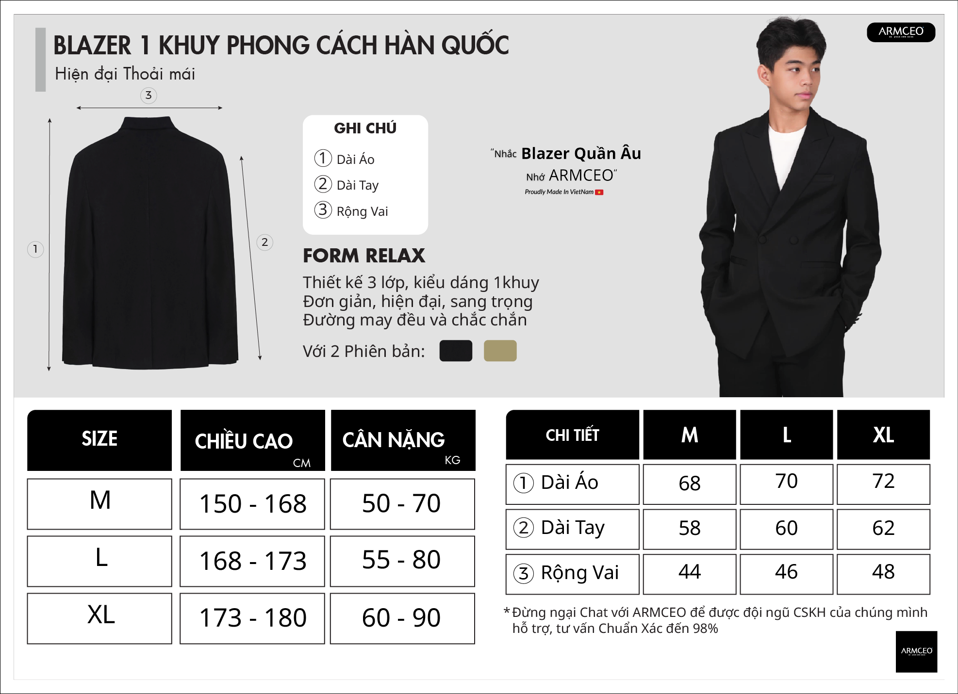 Mô tả Áo khoác blazer ARMCEO 1 khuy phong cách Hàn Quốc -ARK03 - 1