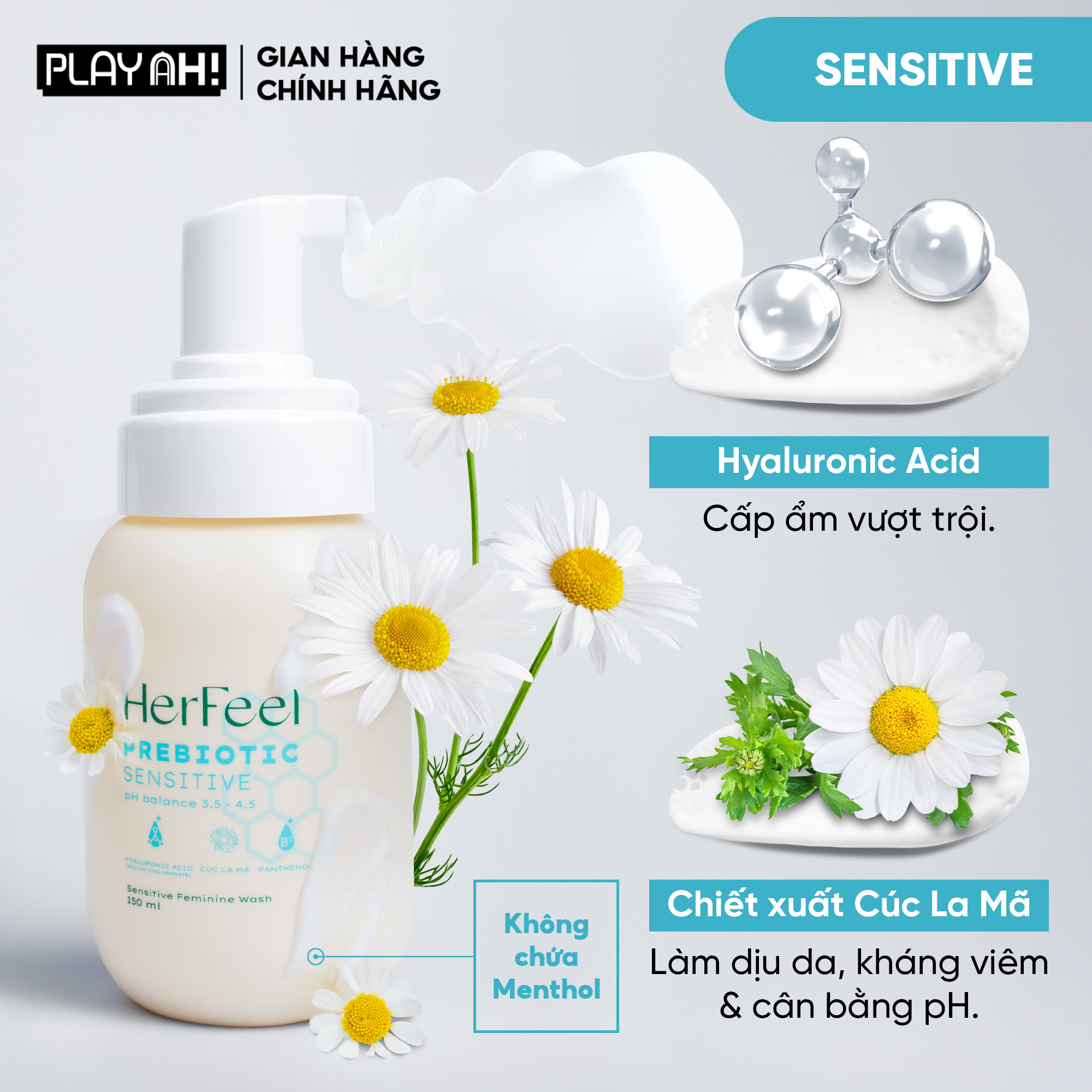 Mô tả Bọt Dung Dịch Vệ Sinh Nữ PlayAh! Her Feel Prebiotic - Dòng Sensitive Dưỡng Ẩm Chuyên Sâu/Rose Sạch Thơm Toàn Diện 150ml - 2