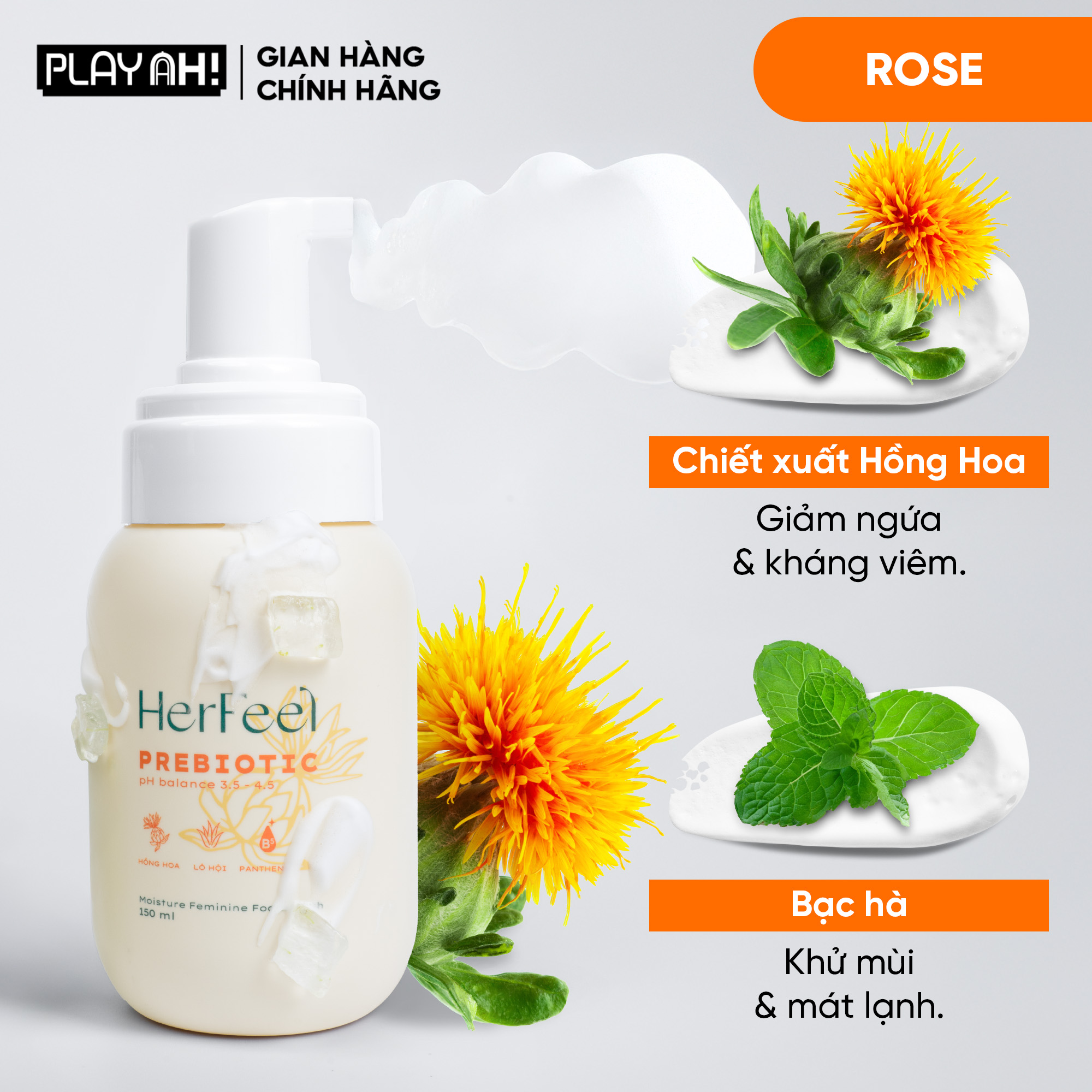 Mô tả Bọt Dung Dịch Vệ Sinh Nữ PlayAh! Her Feel Prebiotic - Dòng Sensitive Dưỡng Ẩm Chuyên Sâu/Rose Sạch Thơm Toàn Diện 150ml - 3