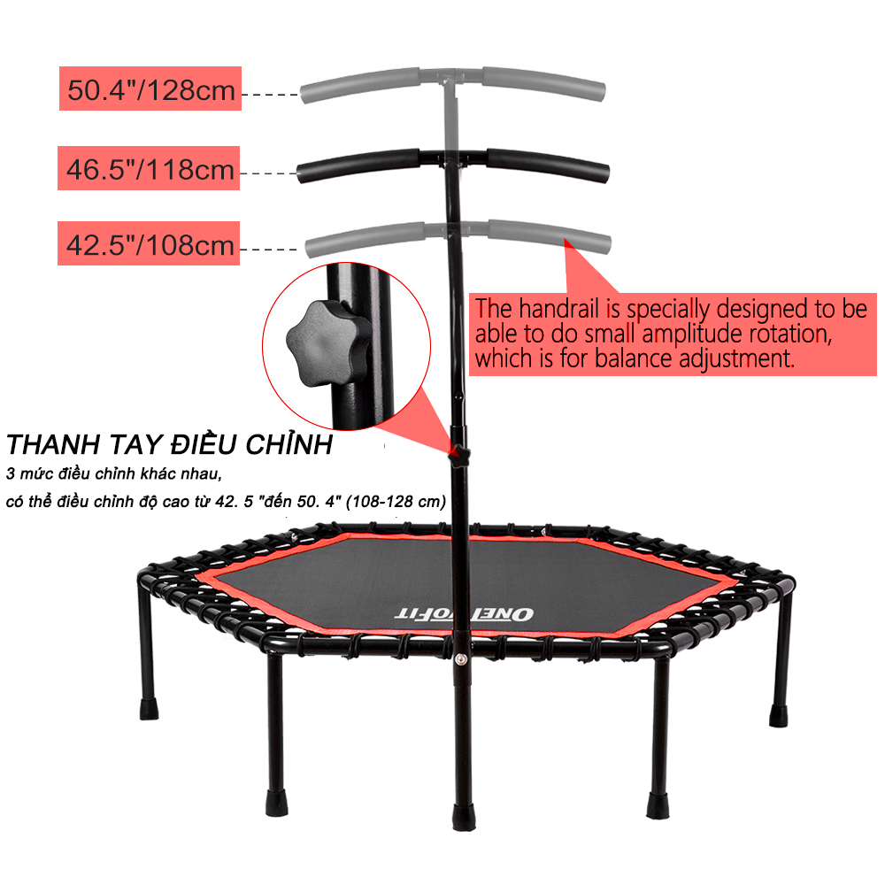 Mô tả OneTwoFit Trampoline Tấm bạt lò xo Có tay cầm Thiết bị thể thao thể dục 136cm điều chỉnh chiều cao - 5