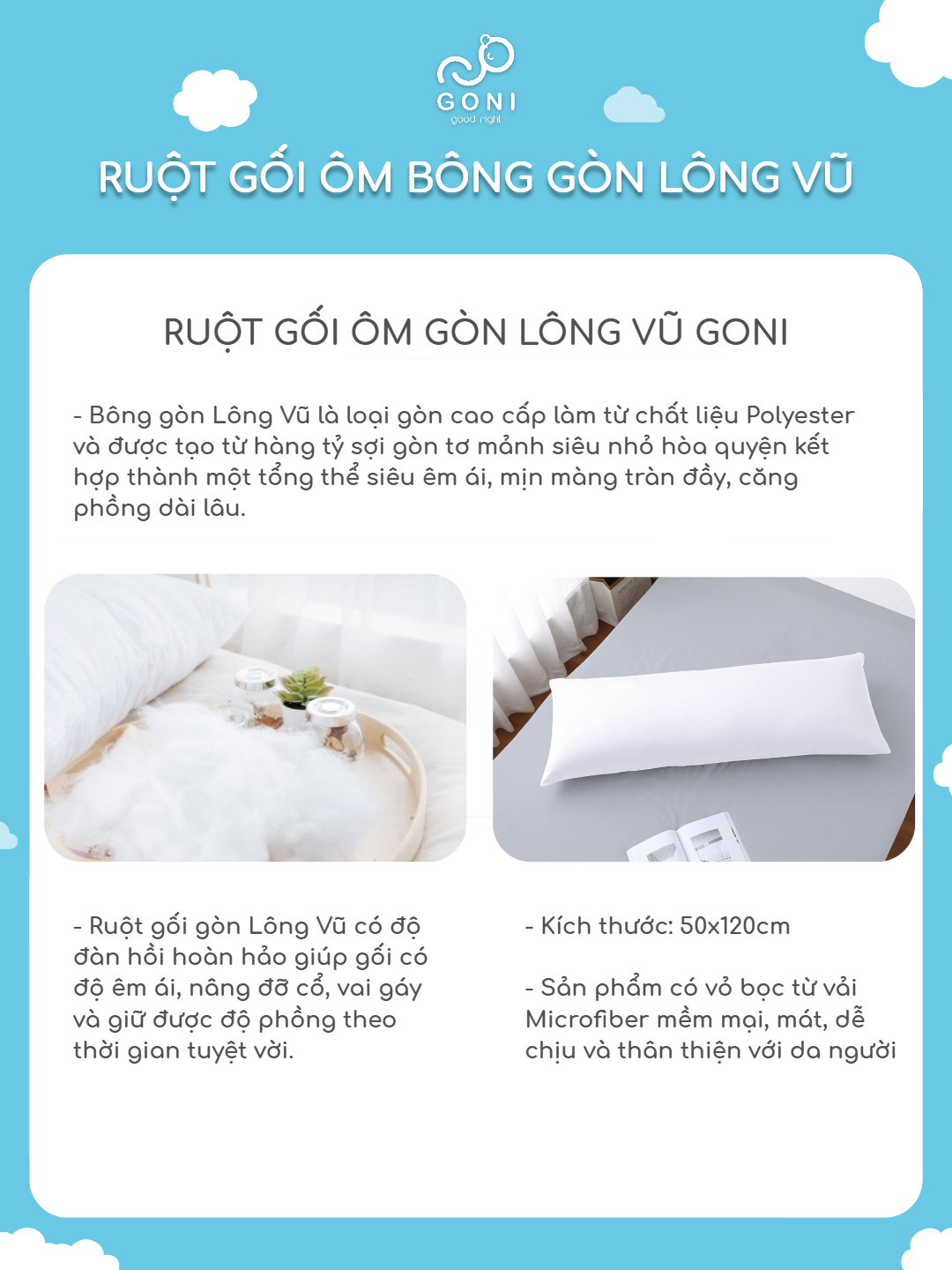 Mô tả Ruột gối ôm bông gòn GONI hình chữ nhật , căng phồng êm ái với lượng bông chuẩn hỗ trợ tư thế ngủ thoải mái dễ chịu - 2