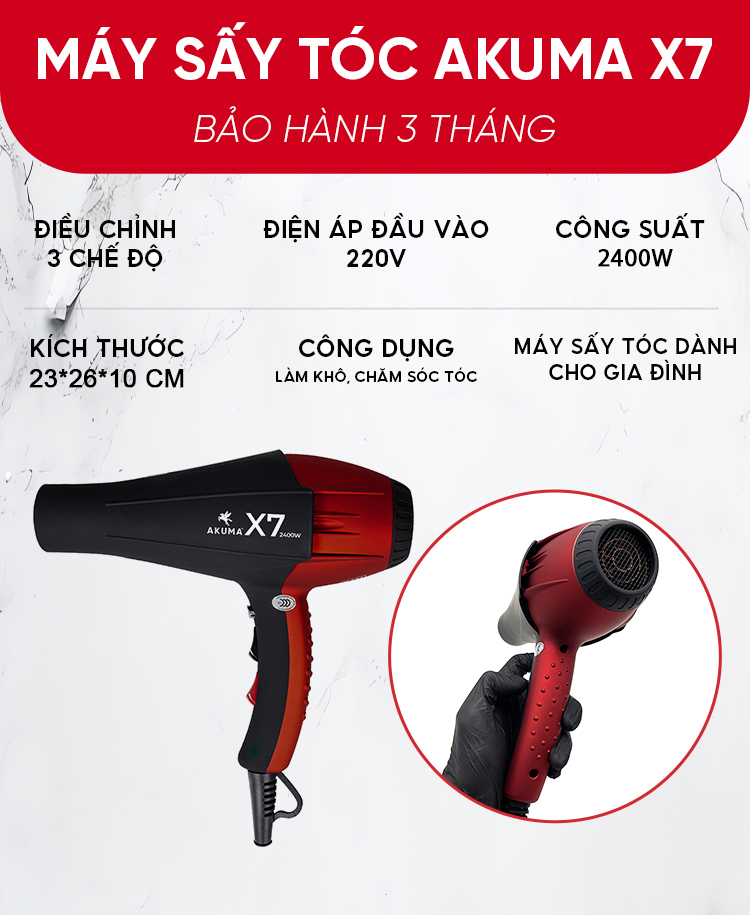 Mô tả Máy Sấy Tóc AKUMA X7 Công Suất Lớn 2400W - Dành Cho Salon Tóc Chuyên Nghiệp, 2 Chiều Nóng Lạnh, Lõi Đồng, Đồ Bền Cao - 1
