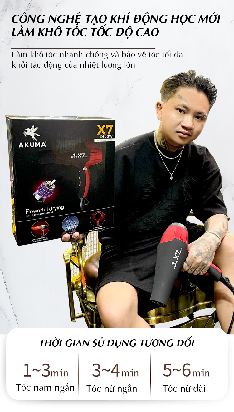 Mô tả Máy Sấy Tóc AKUMA X7 Công Suất Lớn 2400W - Dành Cho Salon Tóc Chuyên Nghiệp, 2 Chiều Nóng Lạnh, Lõi Đồng, Đồ Bền Cao - 4
