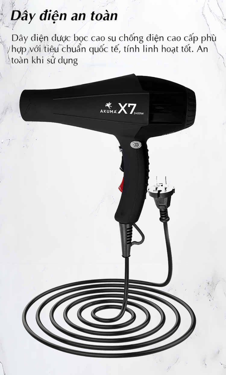 Mô tả Máy Sấy Tóc AKUMA X7 Công Suất Lớn 2400W - Dành Cho Salon Tóc Chuyên Nghiệp, 2 Chiều Nóng Lạnh, Lõi Đồng, Đồ Bền Cao - 9
