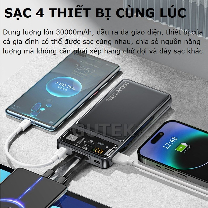 Mô tả Sạc dự phòng 30000mah sạc nhanh 100w dung lượng pin lớn có sẵn dây cho điện thoại - Gutek GT160 - 4