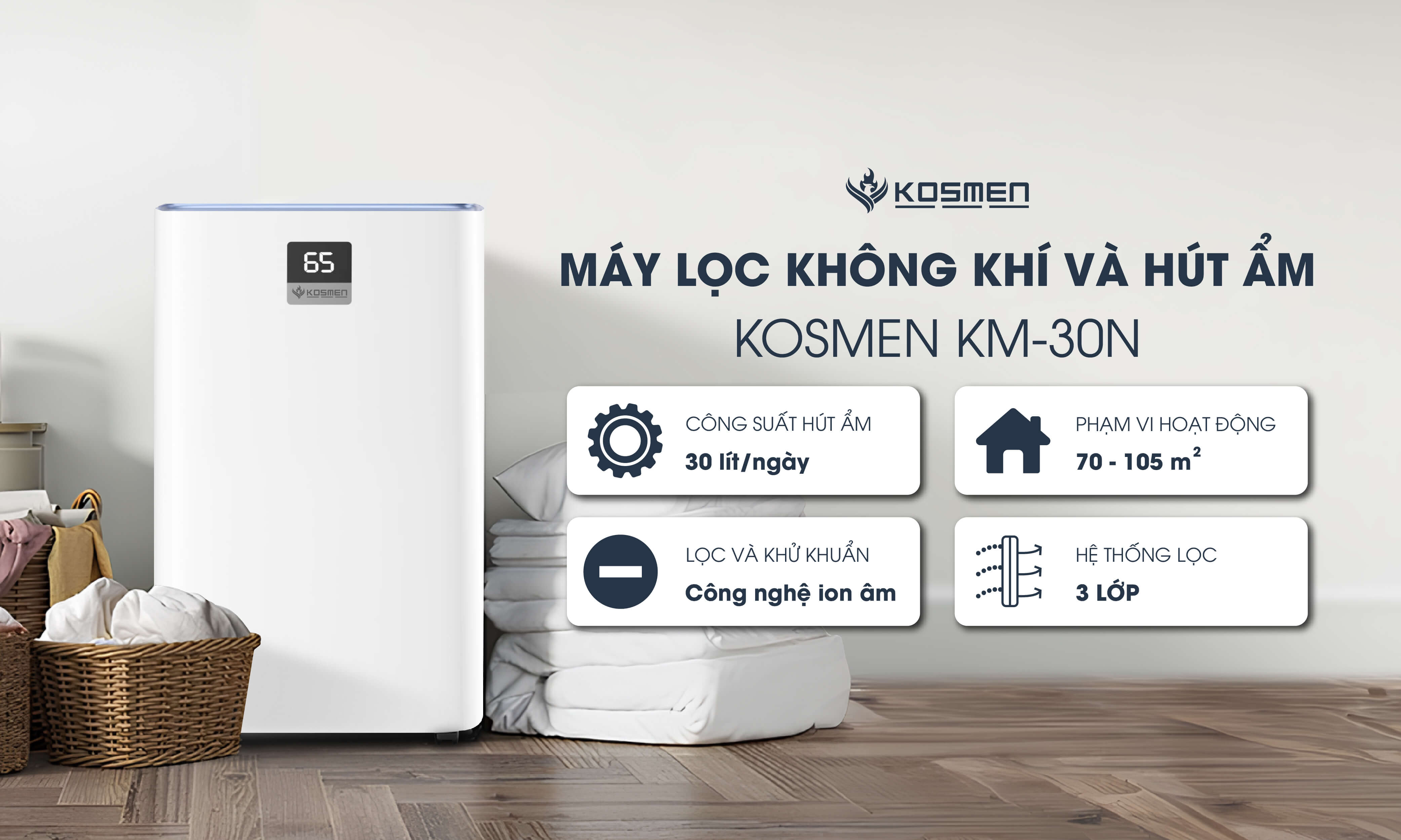 Mô tả Máy Lọc Không Khí Và Hút Ẩm Kosmen KM-30N, Lọc Chuyên Sâu, Kết Nối Wifi Bằng App - Hàng Chính Hãng - 3