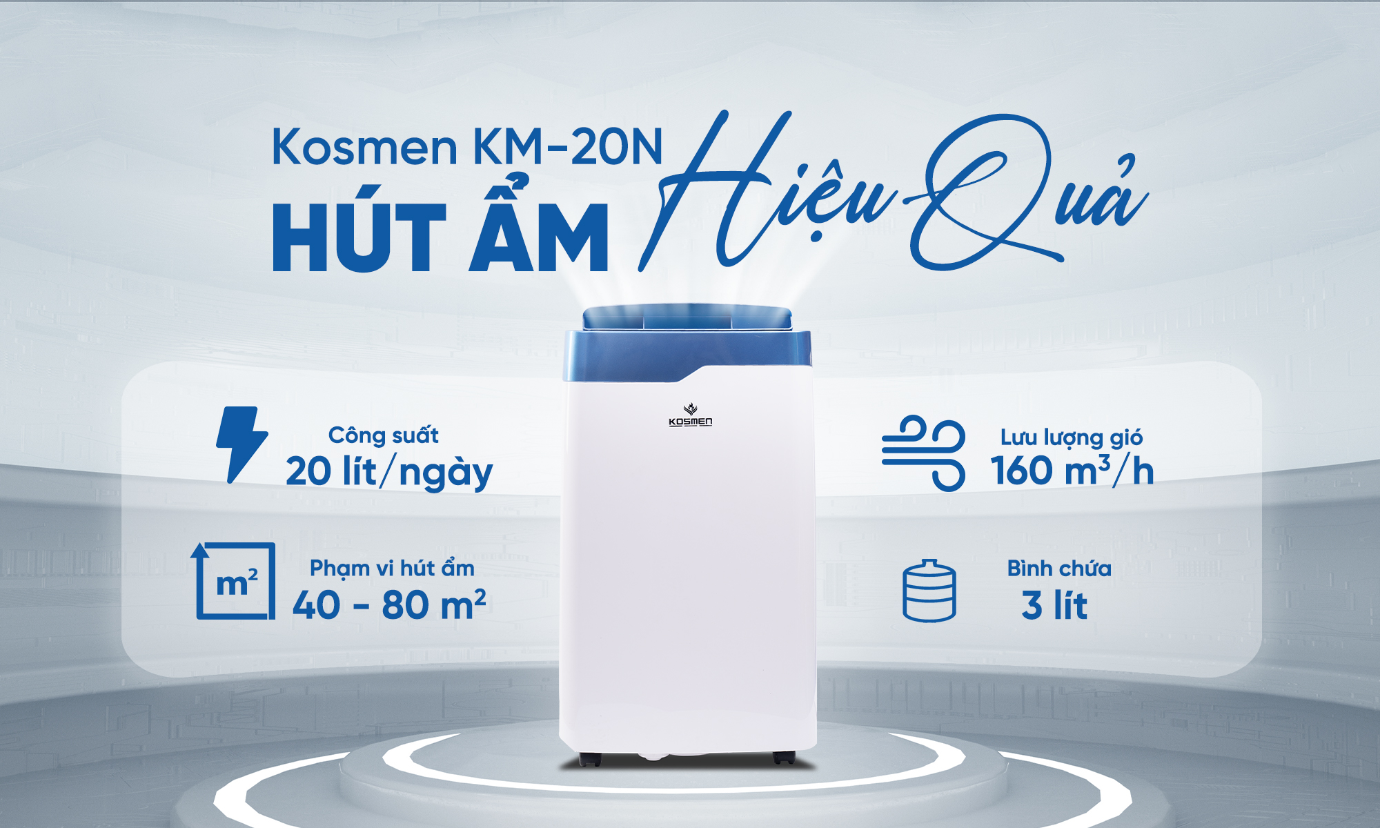 Mô tả Máy Hút Ẩm Dân Dụng Kosmen KM-20N - Thích Hợp Không Gian 80m2 - Hàng Chính Hãng Bảo Hành 24 Tháng - 2