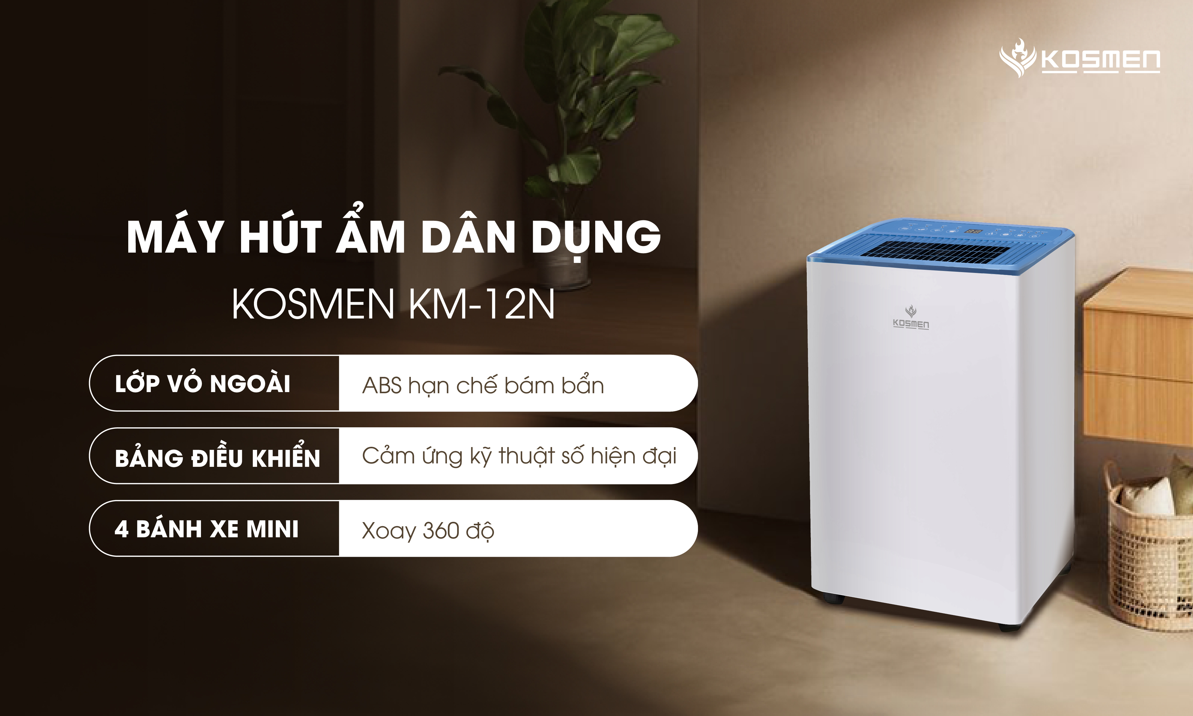Mô tả Máy Hút Ẩm Dân Dụng Kosmen KM-12N Công Suất 12 lít/ngày - Hàng Chính Hãng BH 24 Tháng - 2