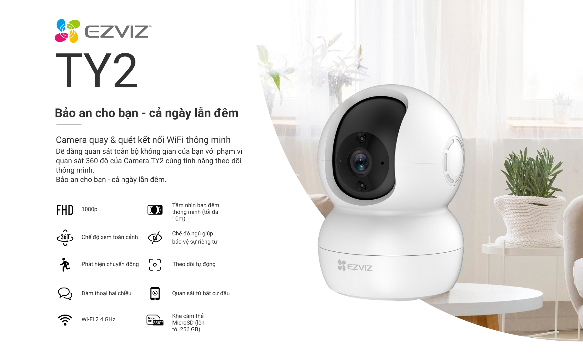 Mô tả Camera WI-FI EZVIZ TY2 Trong nhà 1080P (Nâng cấp từ C6N, TY1), Quay Quét 360 Độ, Đàm Thoại Hai Chiều - 1